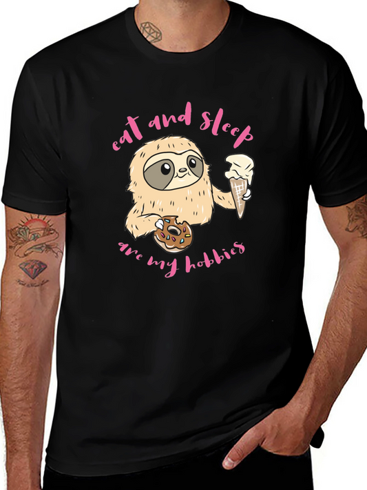 Sloth Eat Sleep Hobbies Black Graphic Tee Shirt