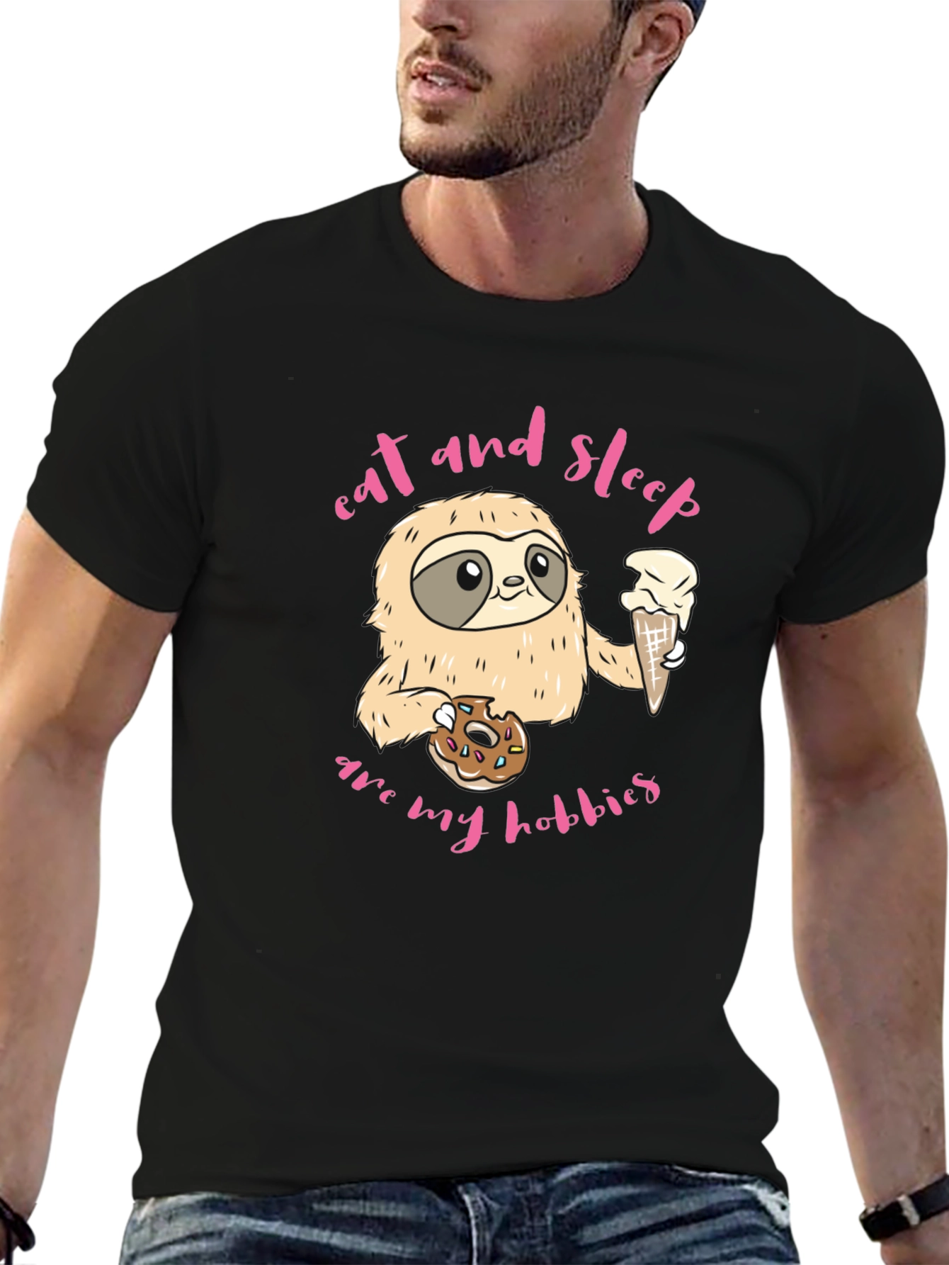Sloth Eat Sleep Hobbies Black Graphic Tee Shirt