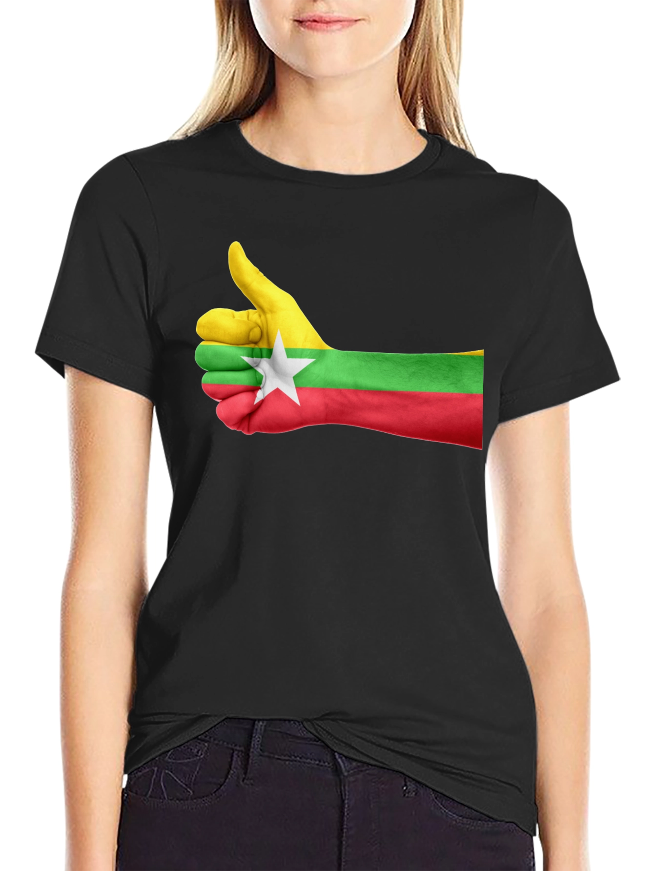 Myanmar Flag Thumbs Up Graphic Tee - Black Cotton