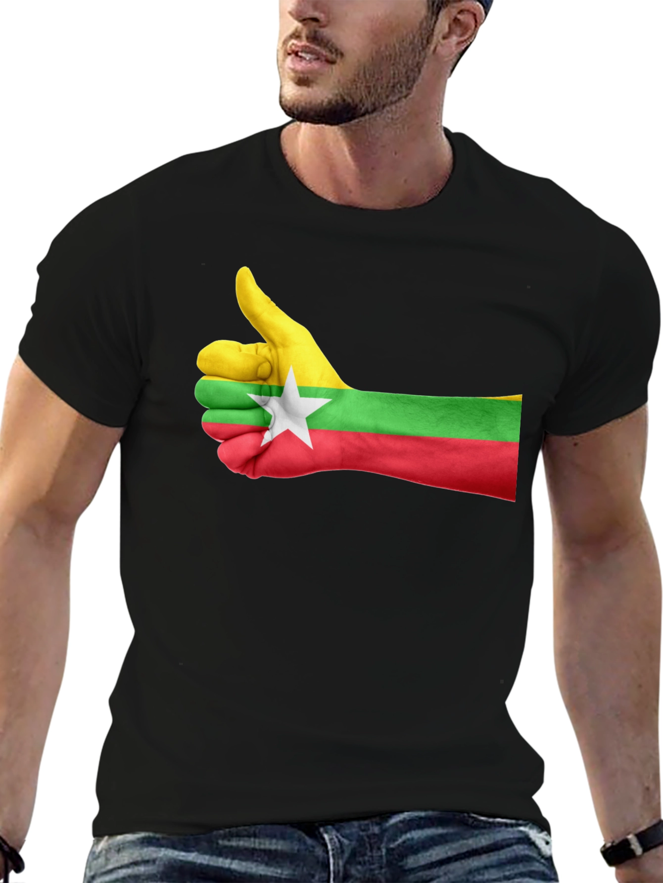 Myanmar Flag Thumbs Up Graphic Tee - Black Cotton