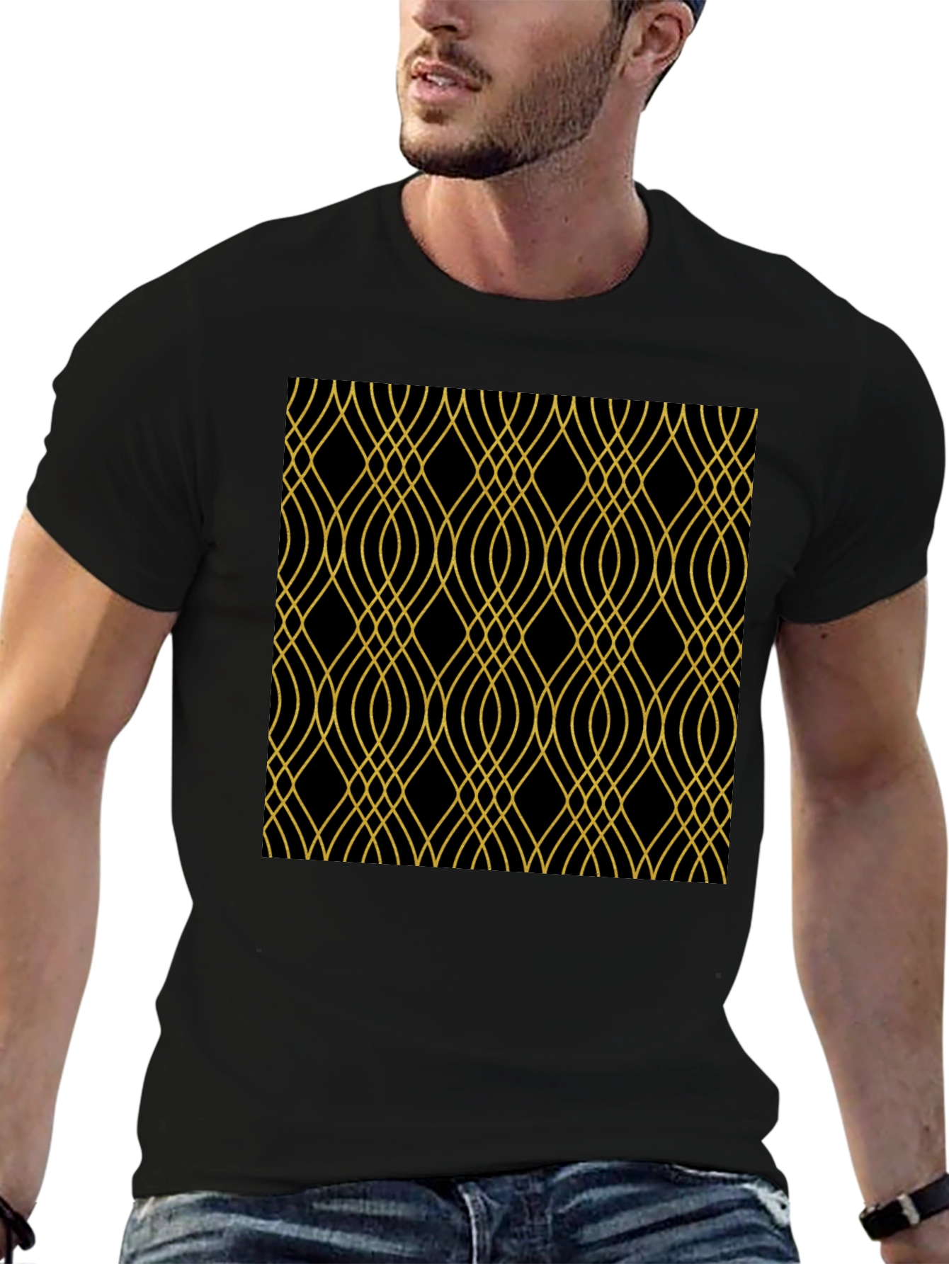 Elegant Black Tee with Gold Geometric Pattern