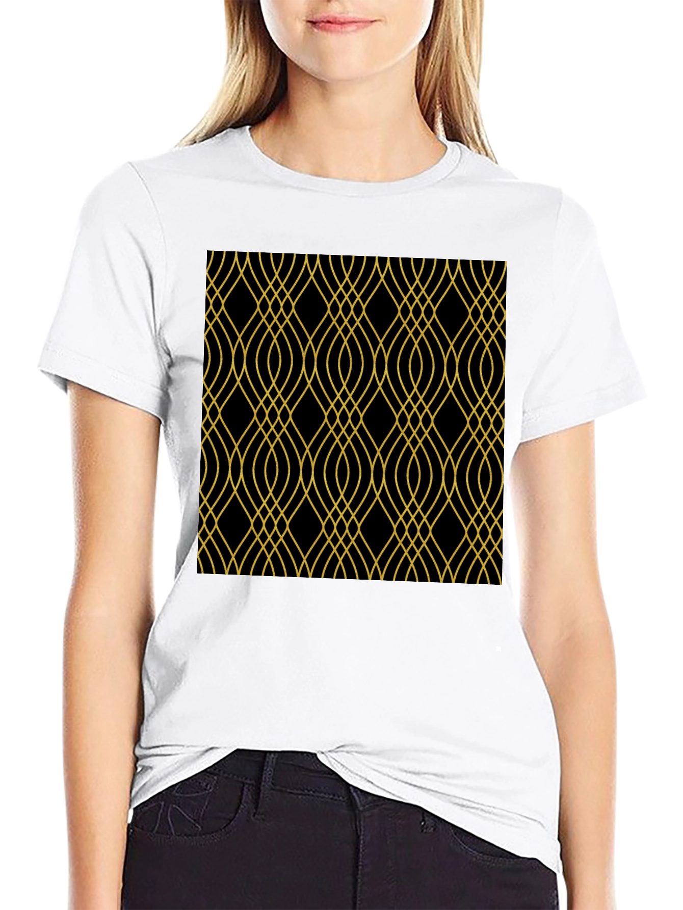 Elegant Black Tee with Gold Geometric Pattern