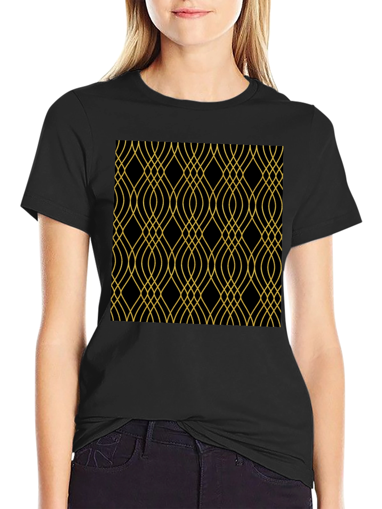 Elegant Black Tee with Gold Geometric Pattern