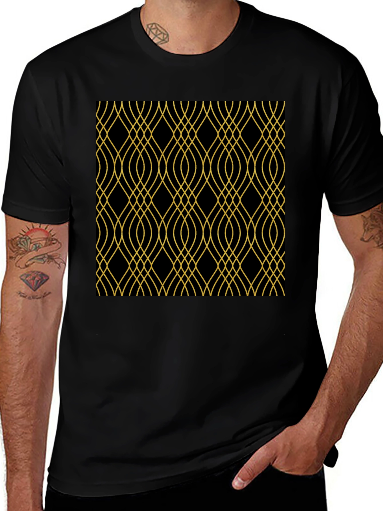 Elegant Black Tee with Gold Geometric Pattern