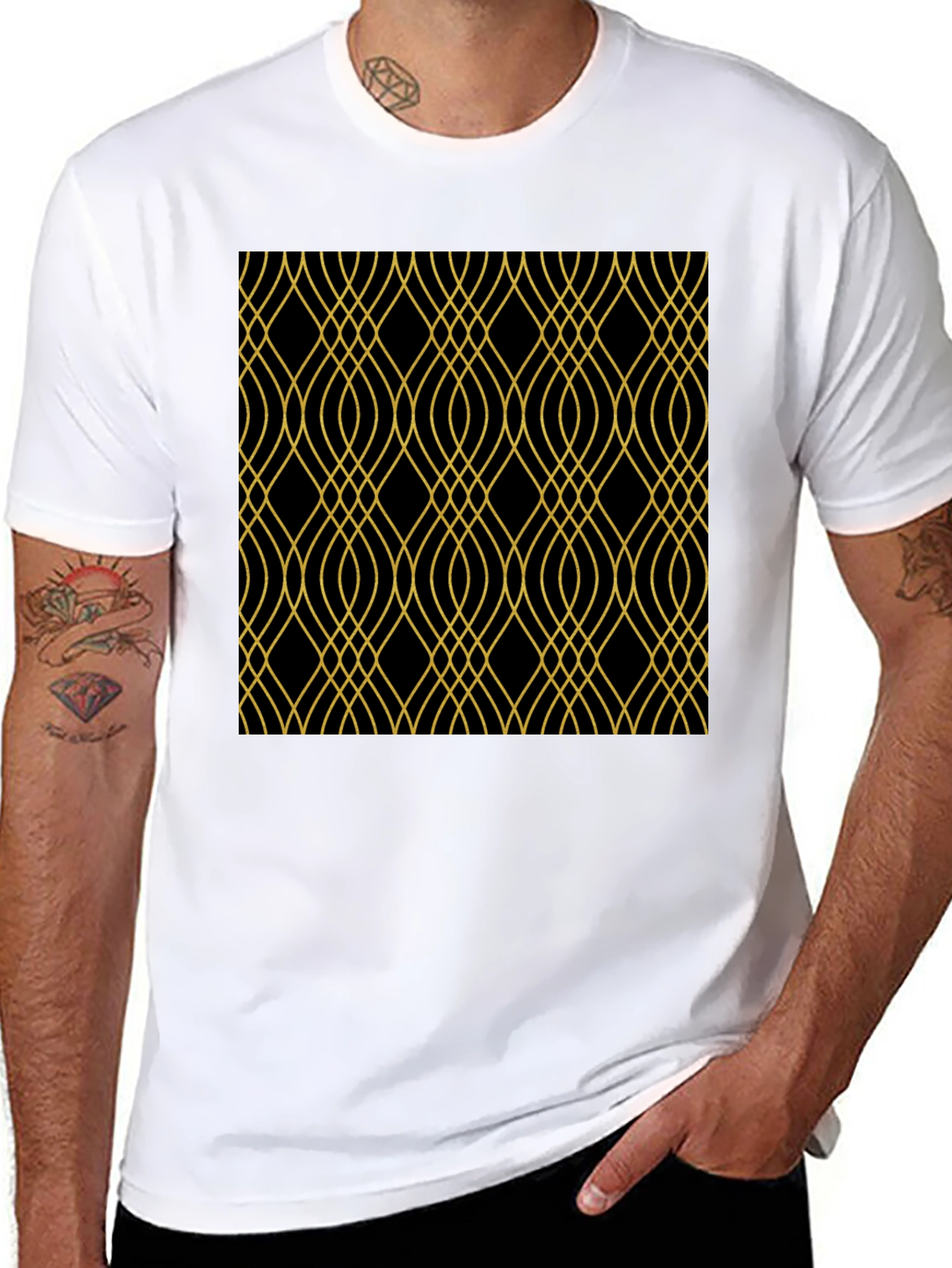 Elegant Black Tee with Gold Geometric Pattern