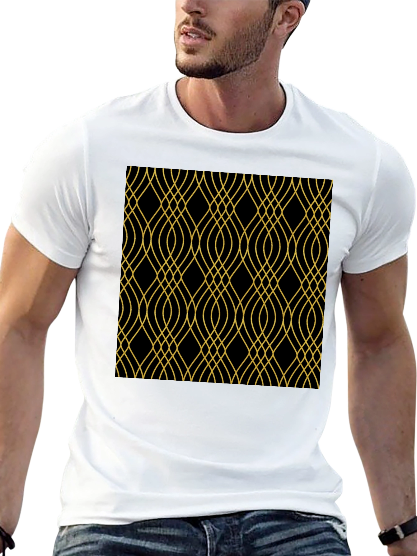 Elegant Black Tee with Gold Geometric Pattern