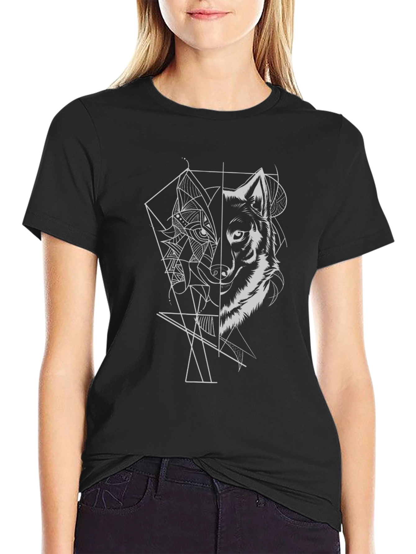 Geometric Wolf Graphic Tee - Stylish Black T-Shirt