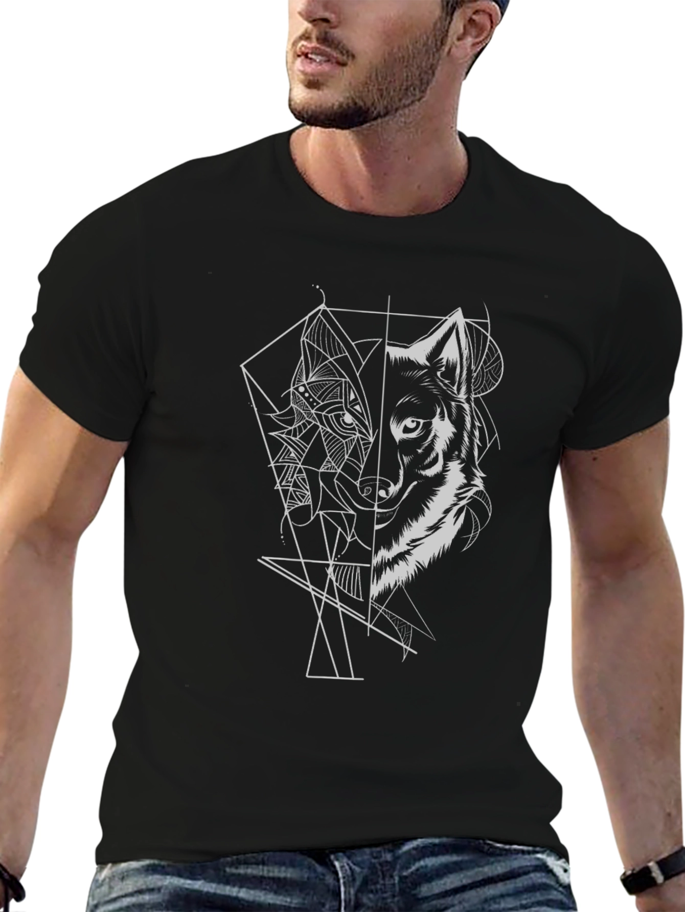 Geometric Wolf Graphic Tee - Stylish Black T-Shirt