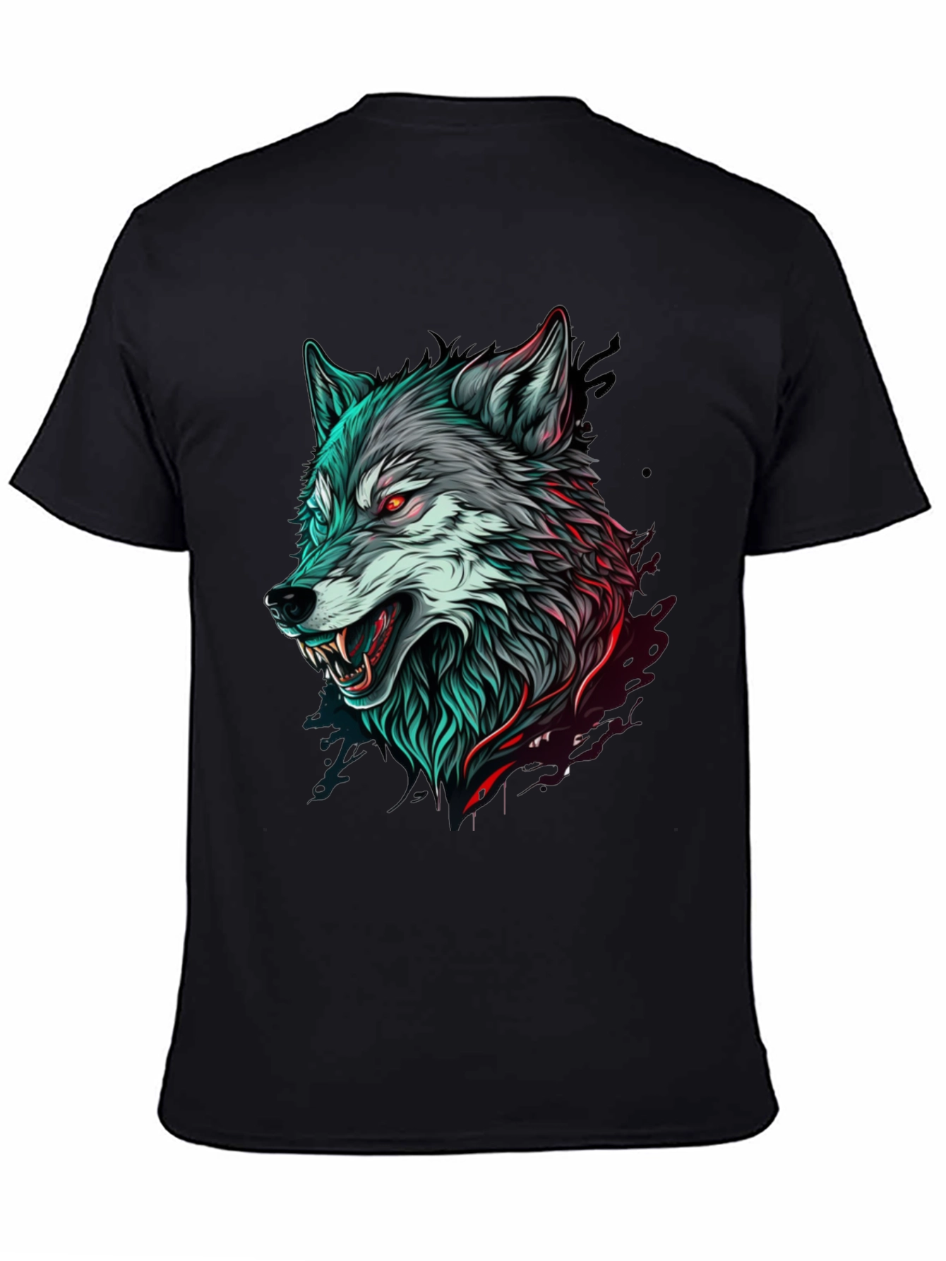 Mens Black T-Shirt with Wolf Graphic