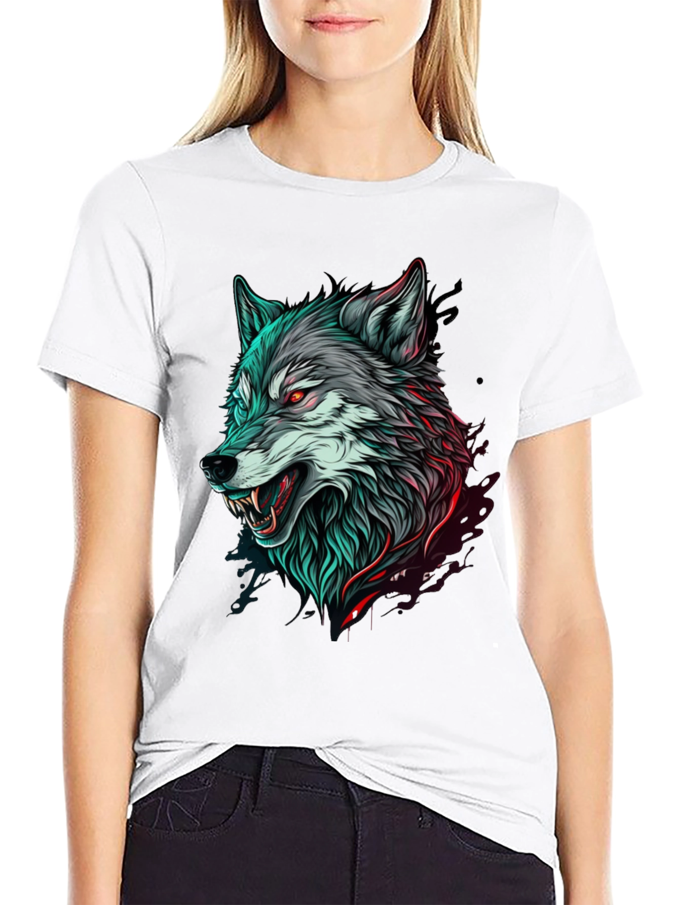 Mens Black T-Shirt with Wolf Graphic