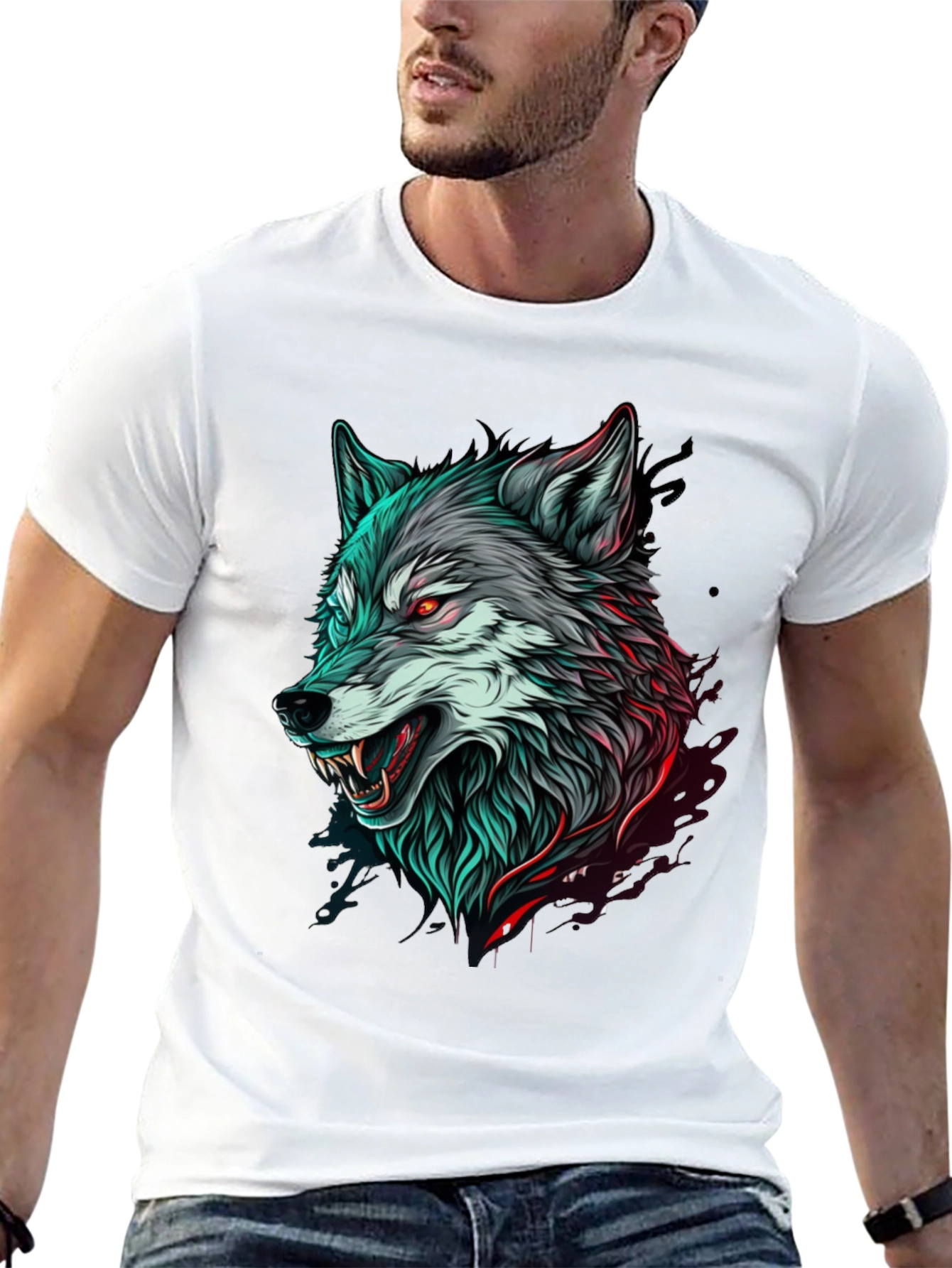 Mens Black T-Shirt with Wolf Graphic