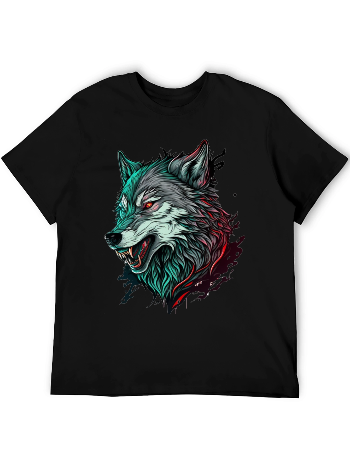 Mens Black T-Shirt with Wolf Graphic