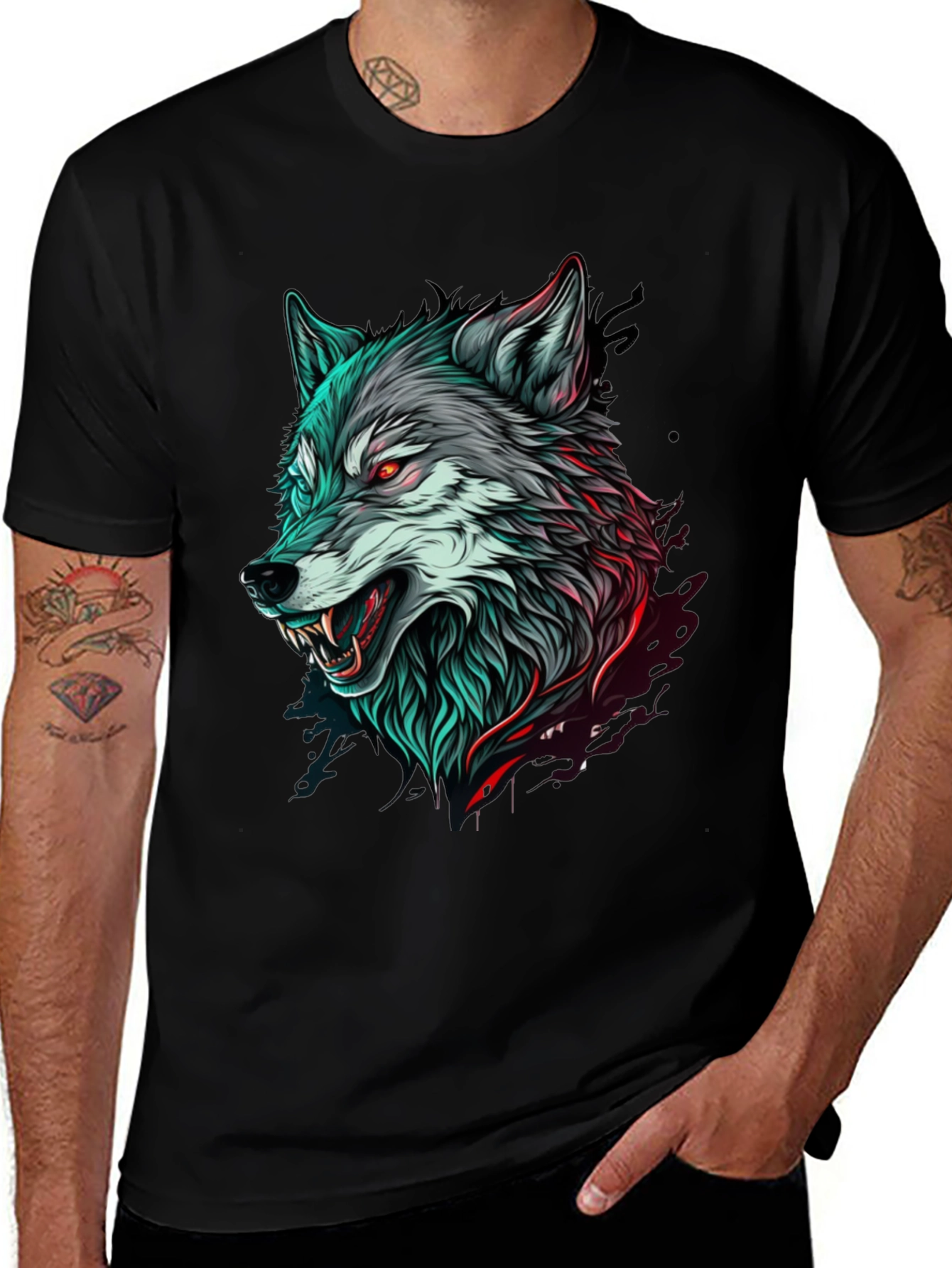 Mens Black T-Shirt with Wolf Graphic