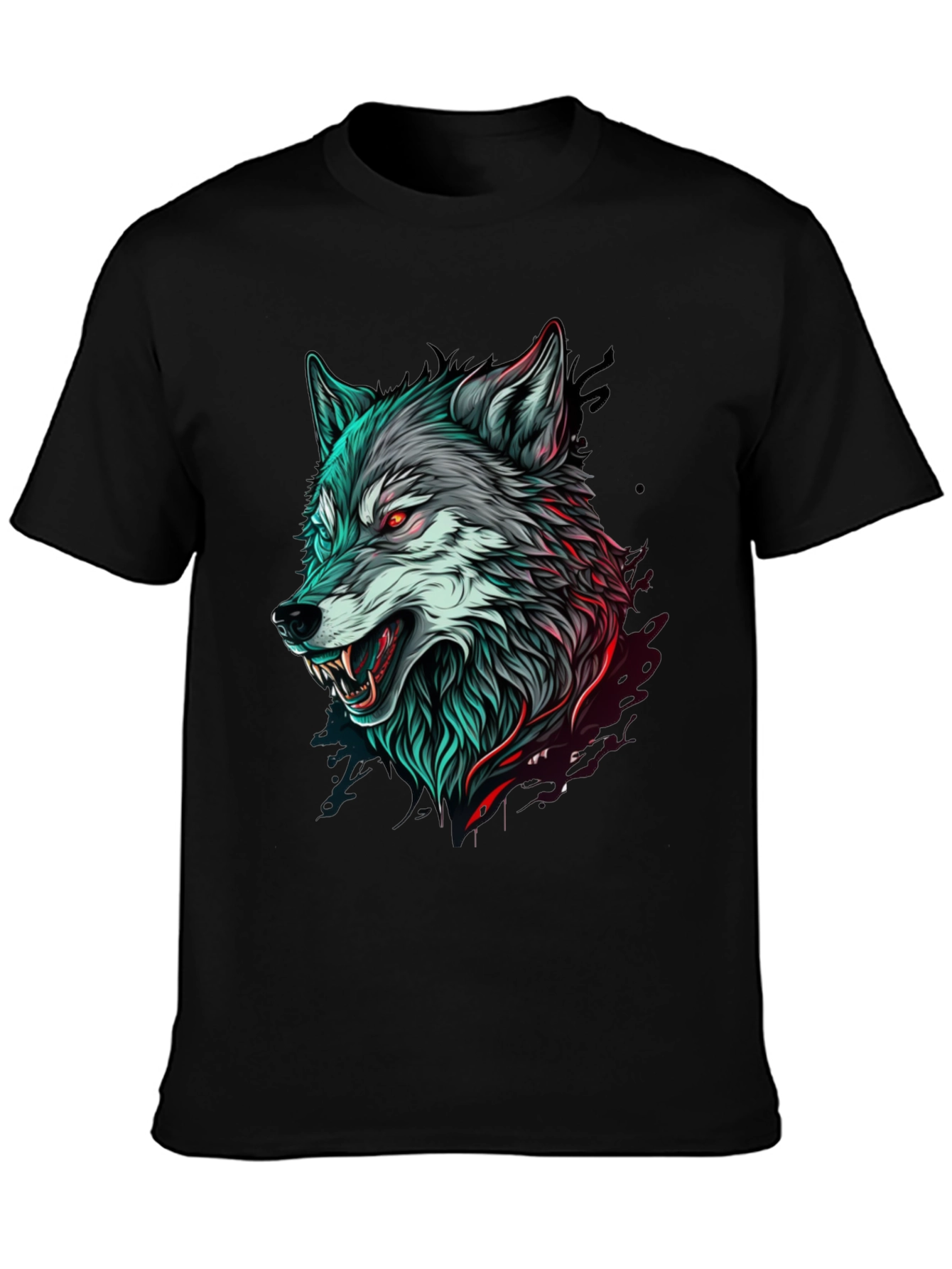 Mens Black T-Shirt with Wolf Graphic