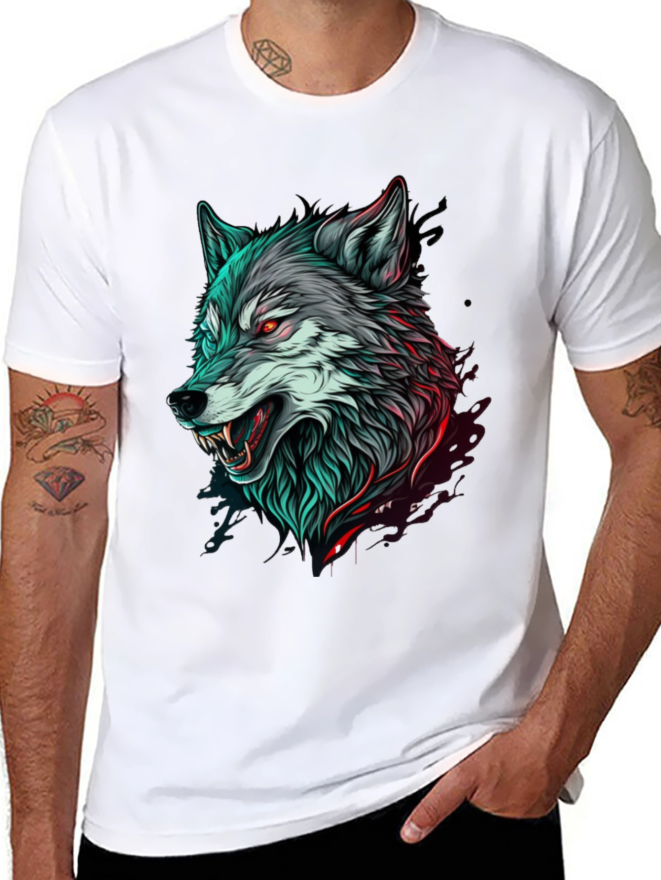 Mens Black T-Shirt with Wolf Graphic
