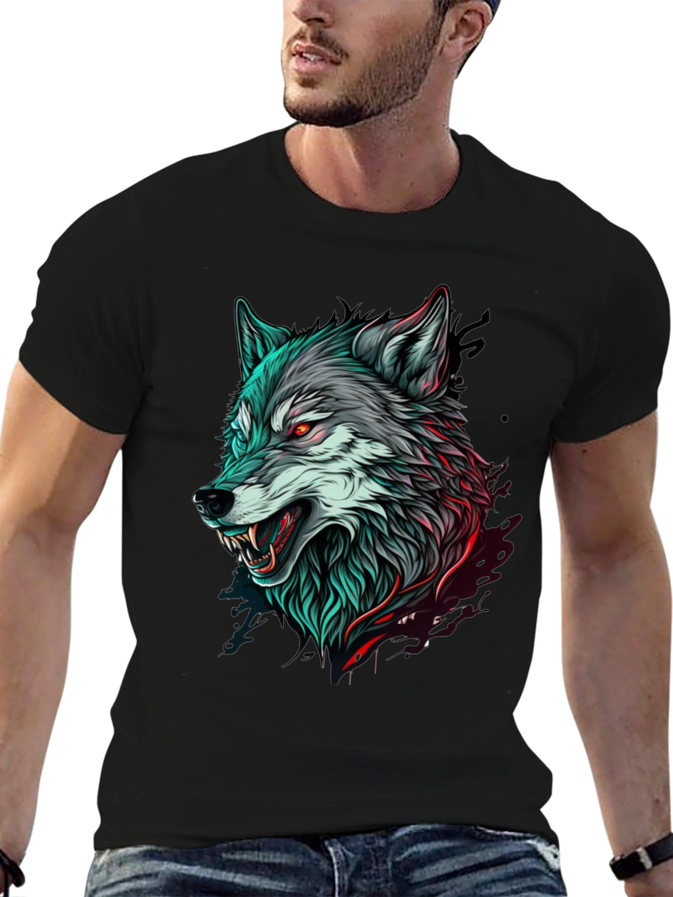 Mens Black T-Shirt with Wolf Graphic