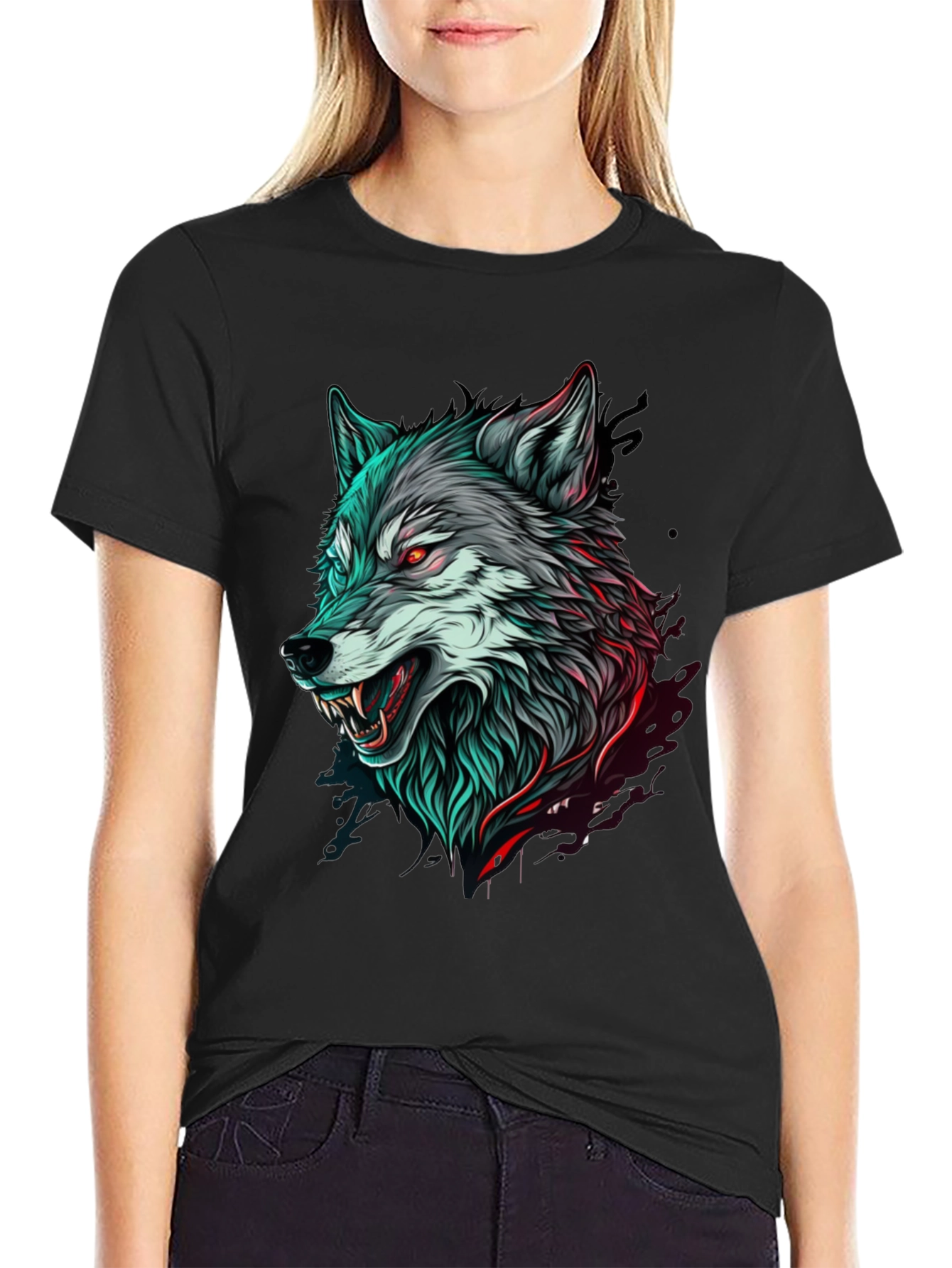 Mens Black T-Shirt with Wolf Graphic