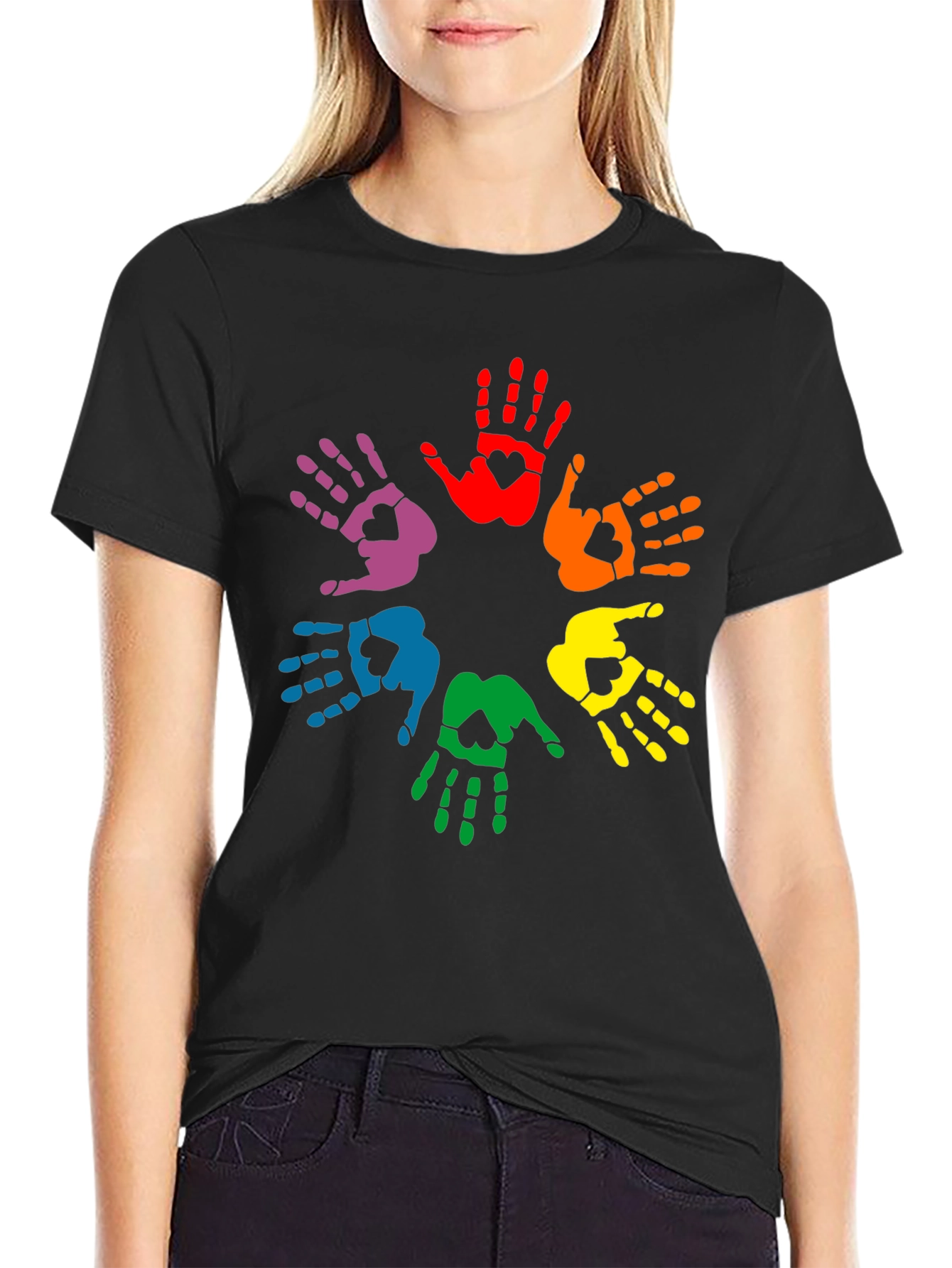 Rainbow Hands Heart Graphic Black Tee