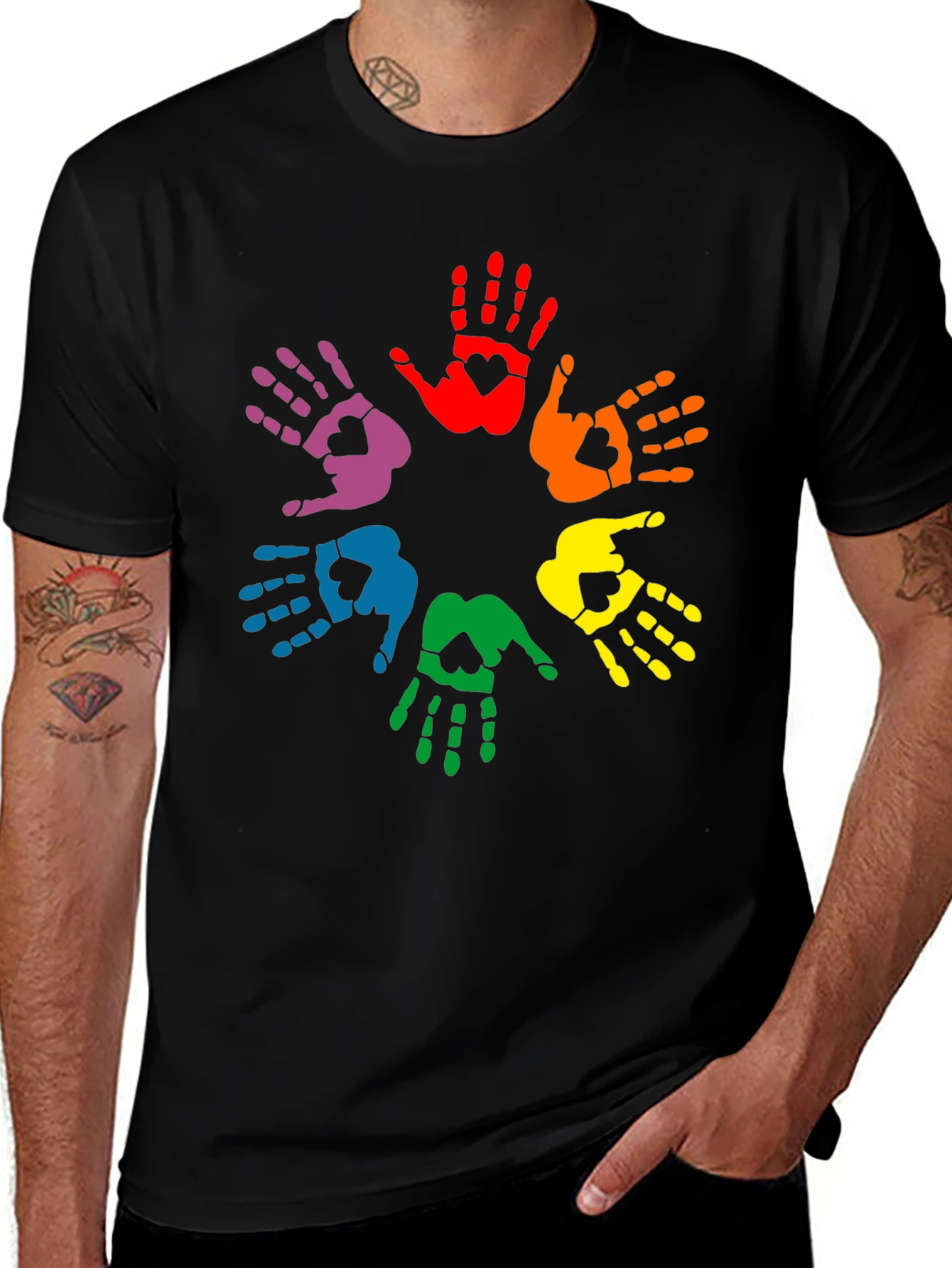 Rainbow Hands Heart Graphic Black Tee