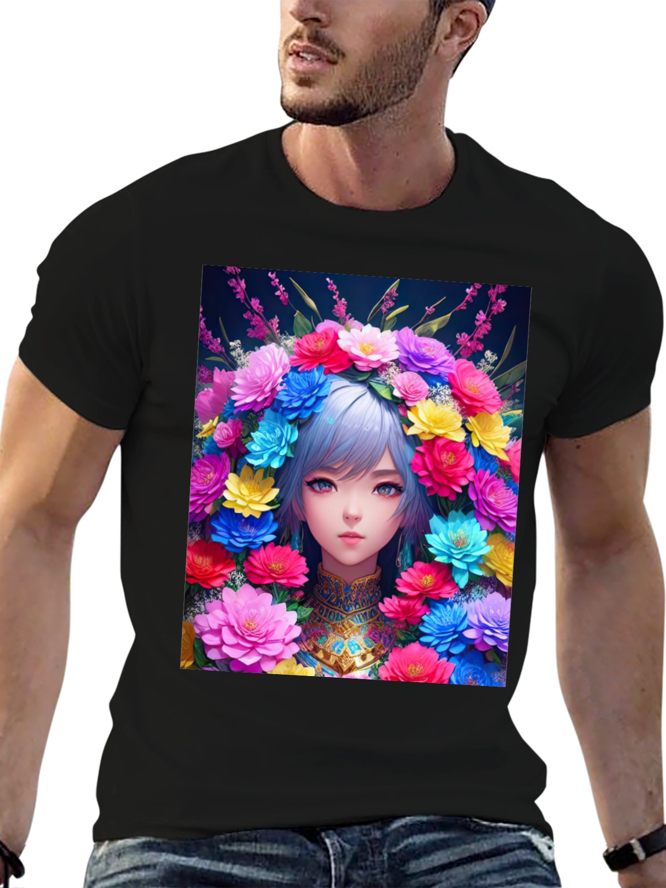 Anime Girl in Flower Crown Graphic Tee