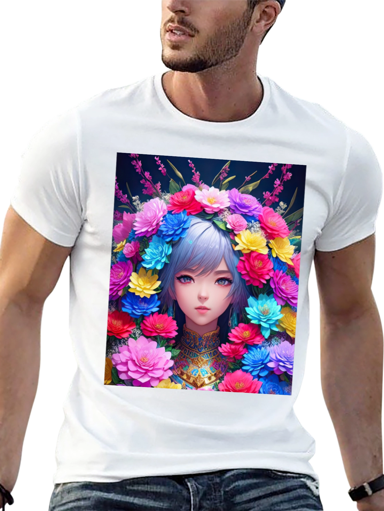 Anime Girl in Flower Crown Graphic Tee