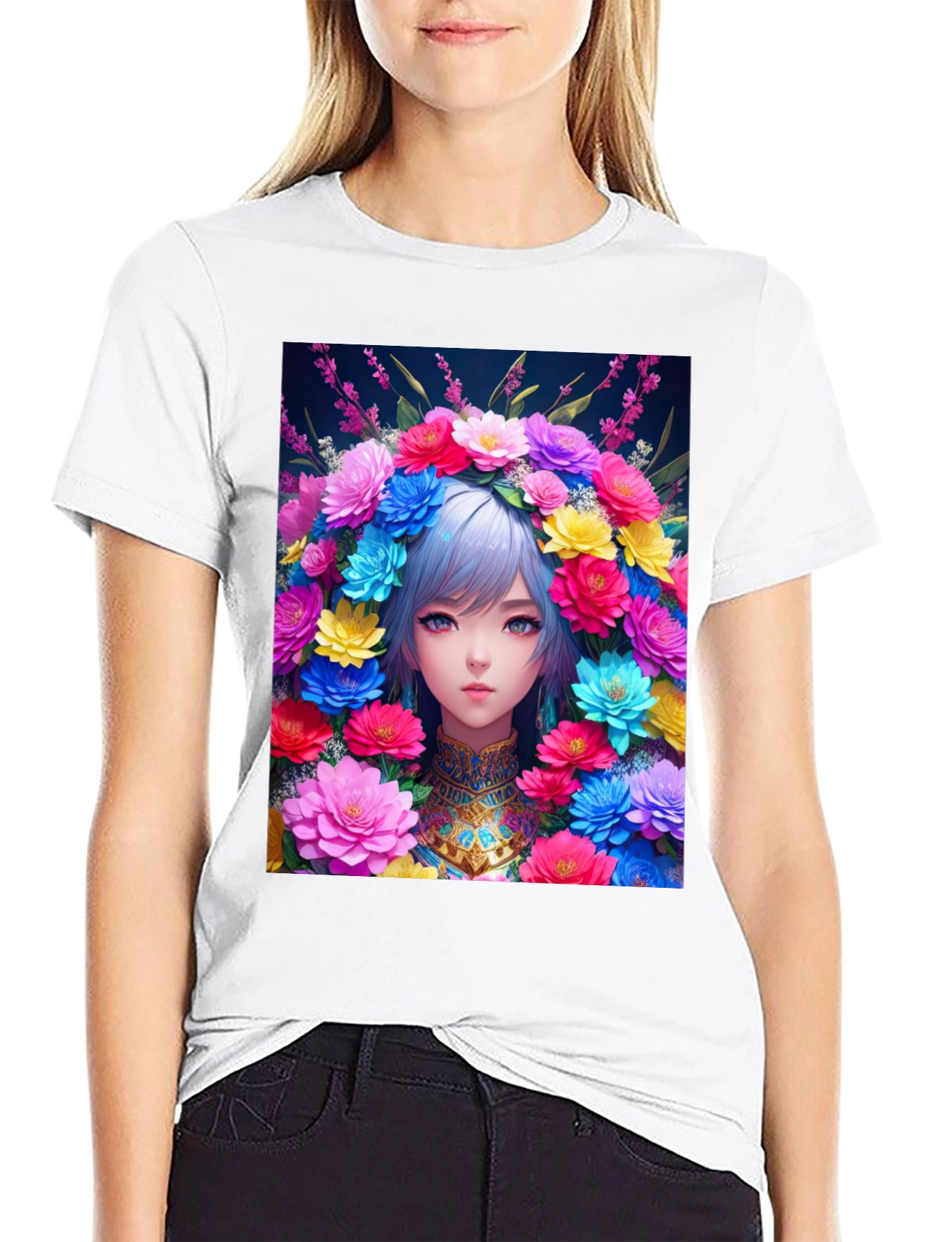 Anime Girl in Flower Crown Graphic Tee