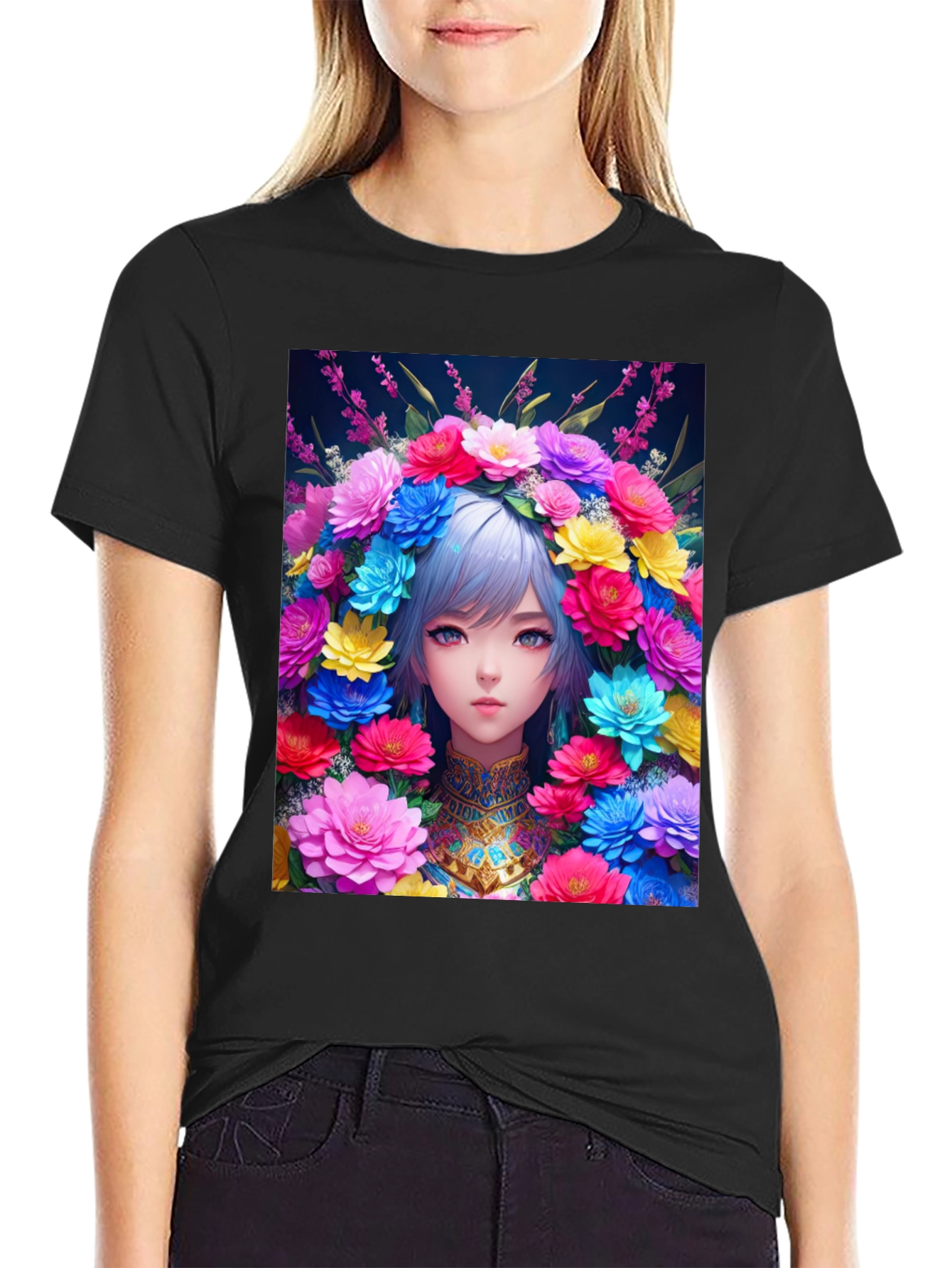 Anime Girl in Flower Crown Graphic Tee