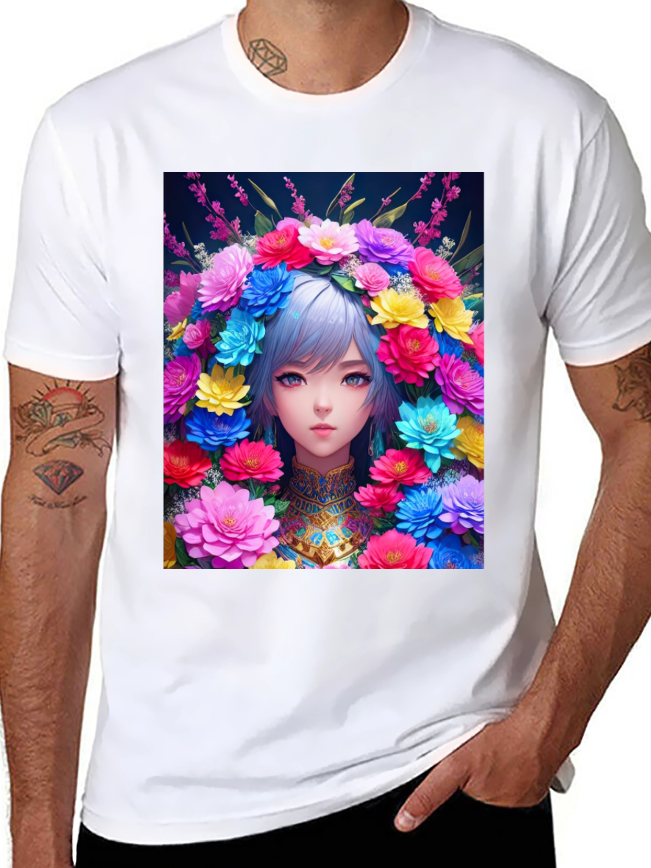 Anime Girl in Flower Crown Graphic Tee