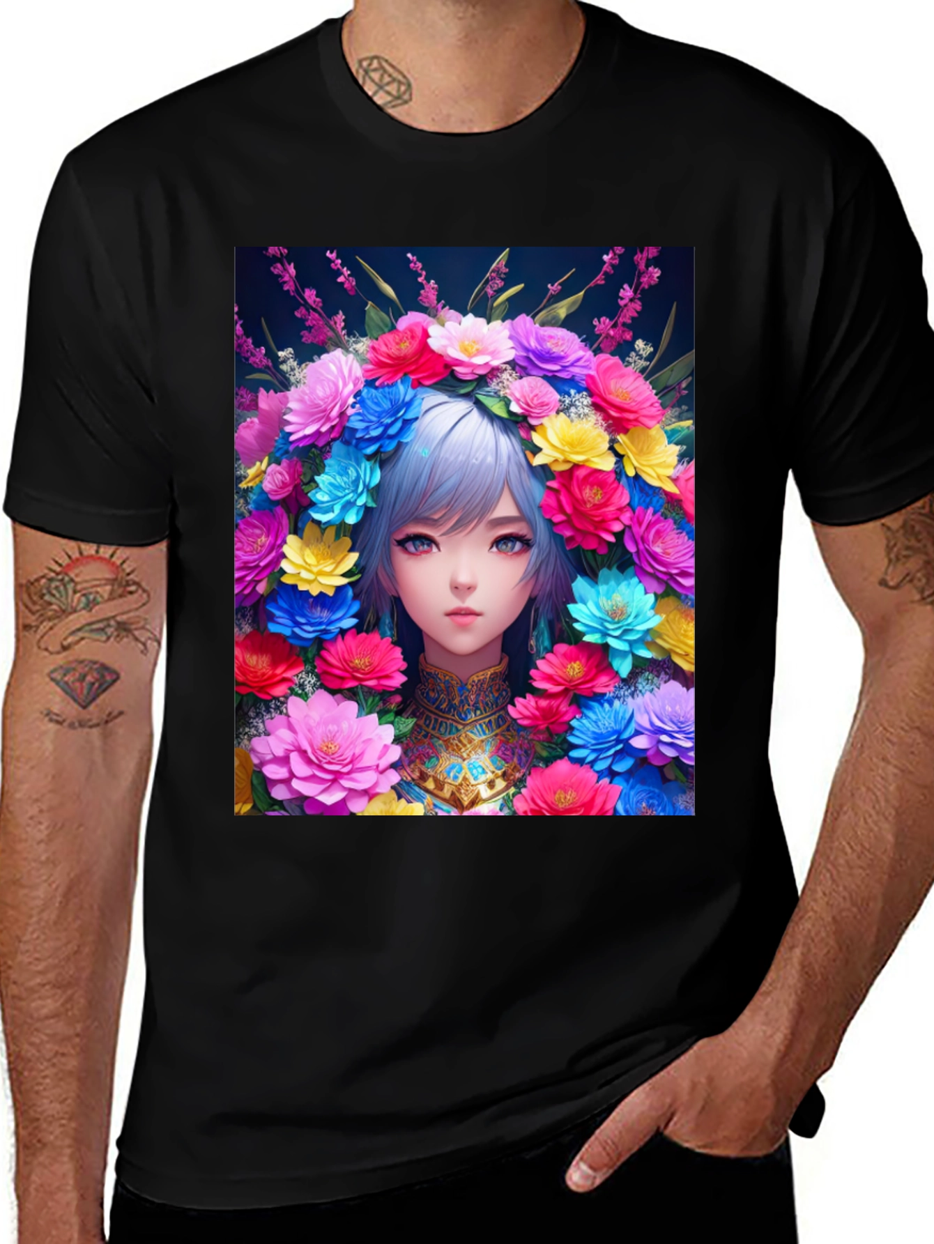Anime Girl in Flower Crown Graphic Tee