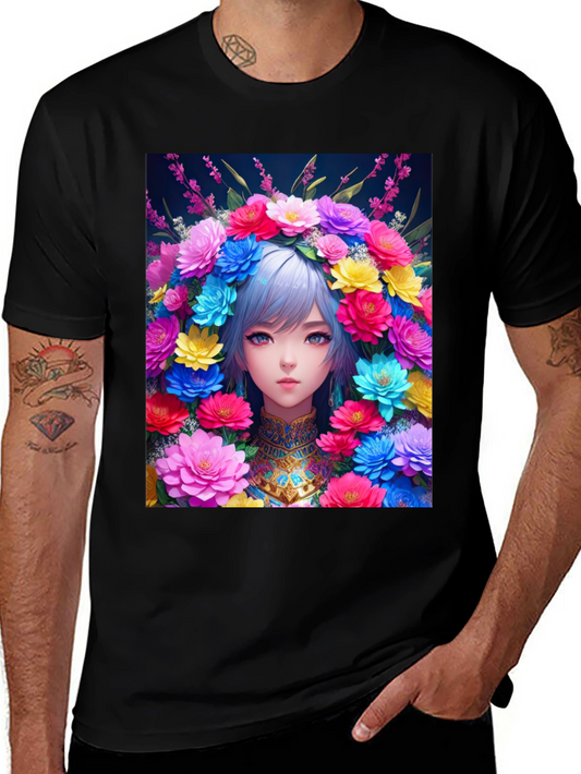 Anime Girl in Flower Crown Graphic Tee