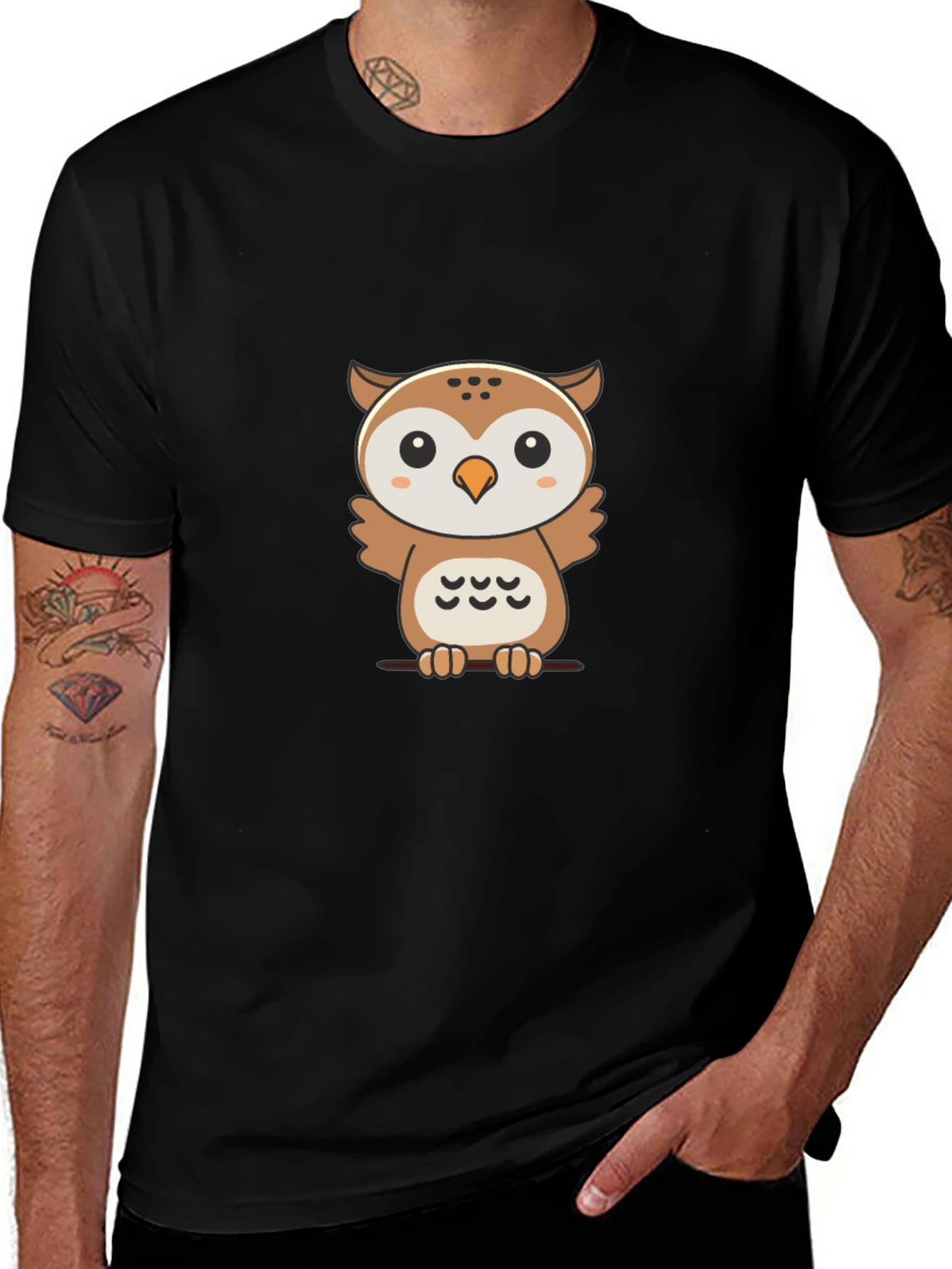 Cute Owl Graphic Print Black T-Shirt
