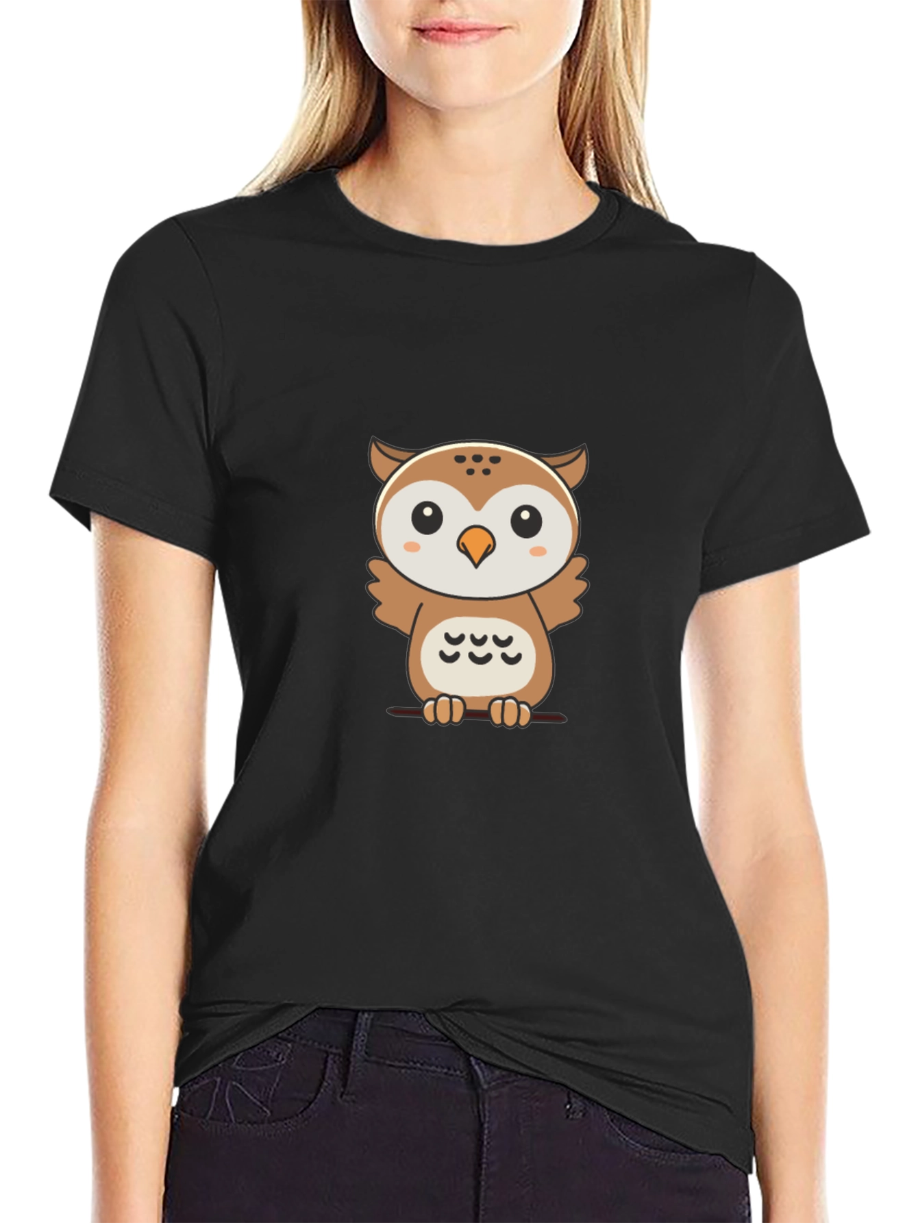 Cute Owl Graphic Print Black T-Shirt