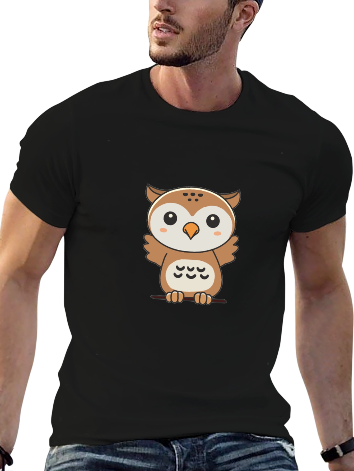 Cute Owl Graphic Print Black T-Shirt