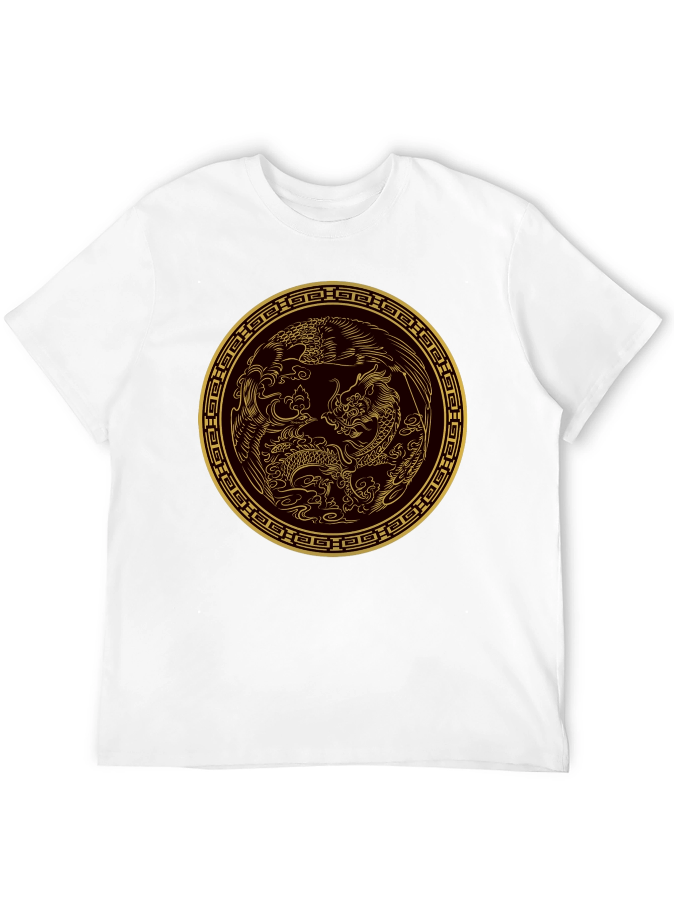 Dragon and Phoenix Gold Print Black T-Shirt