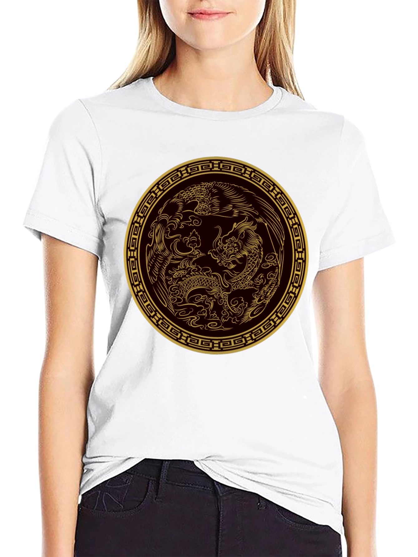 Dragon and Phoenix Gold Print Black T-Shirt