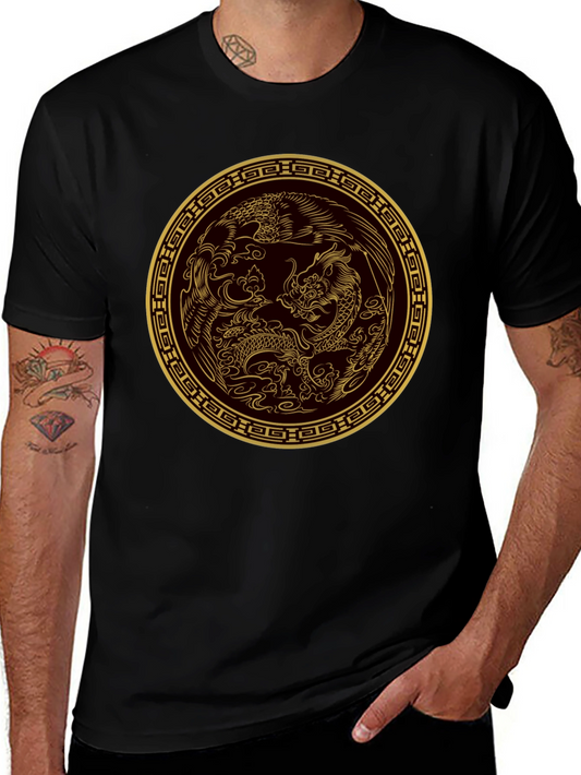 Dragon and Phoenix Gold Print Black T-Shirt