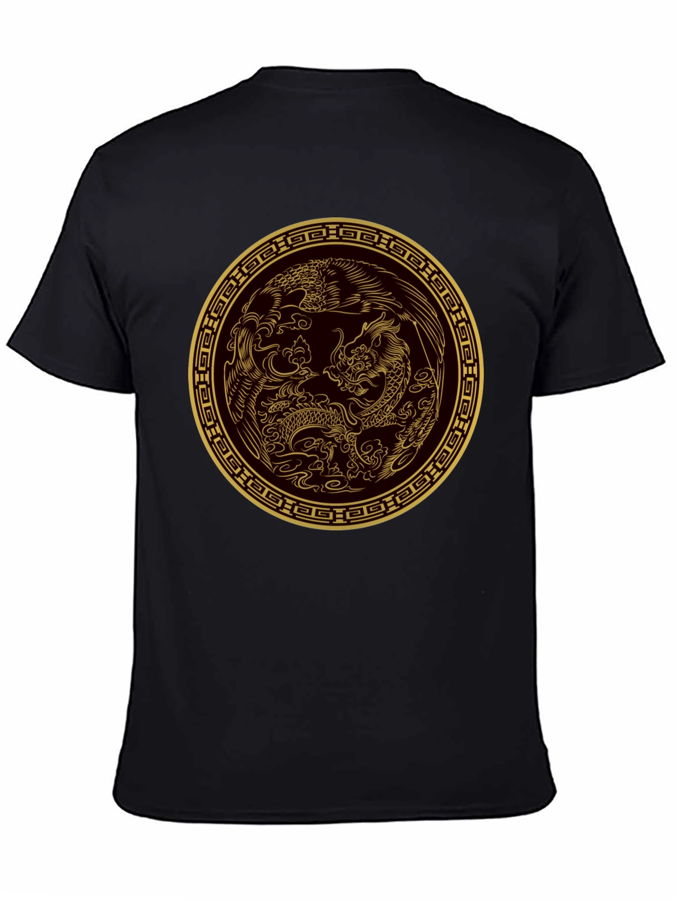 Dragon and Phoenix Gold Print Black T-Shirt