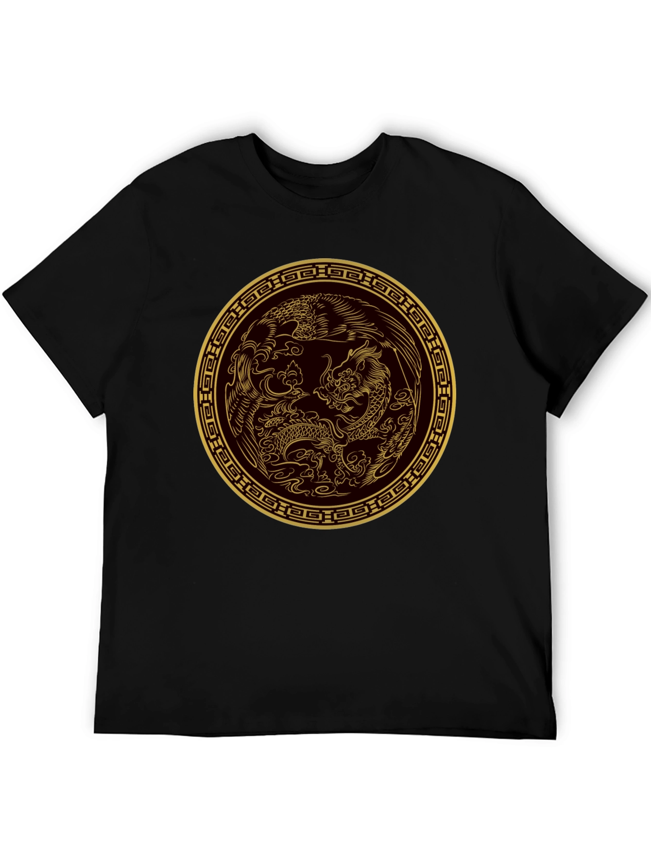 Dragon and Phoenix Gold Print Black T-Shirt