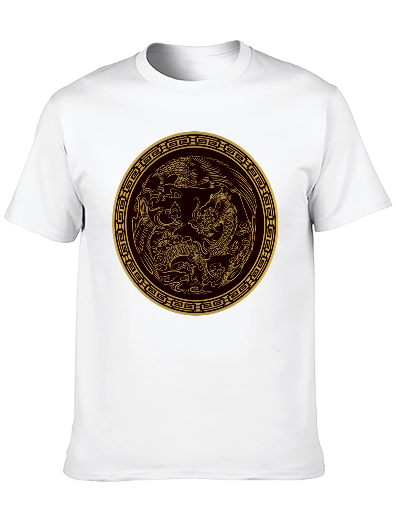 Dragon and Phoenix Gold Print Black T-Shirt