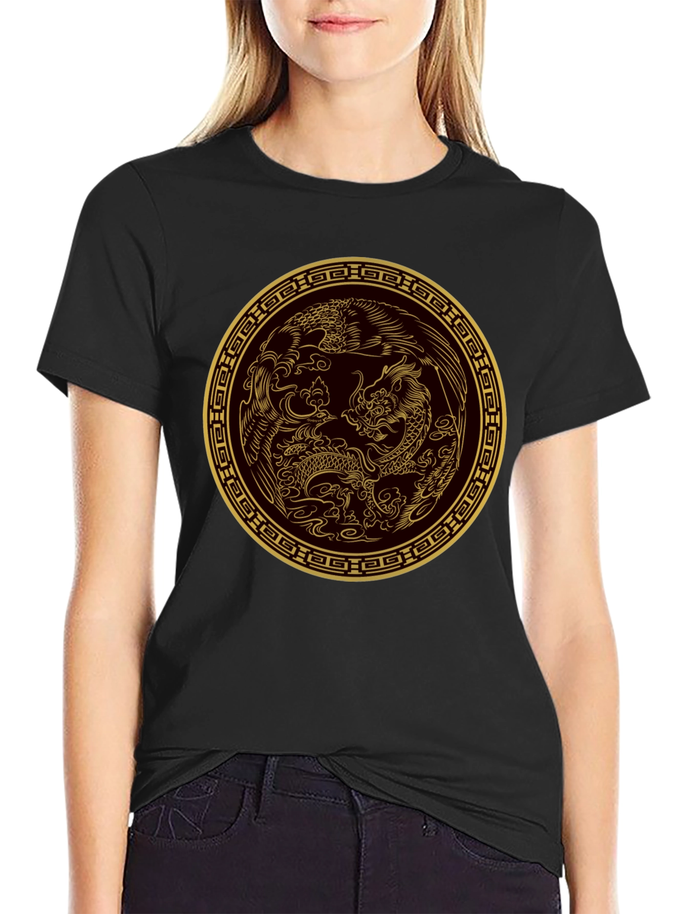 Dragon and Phoenix Gold Print Black T-Shirt