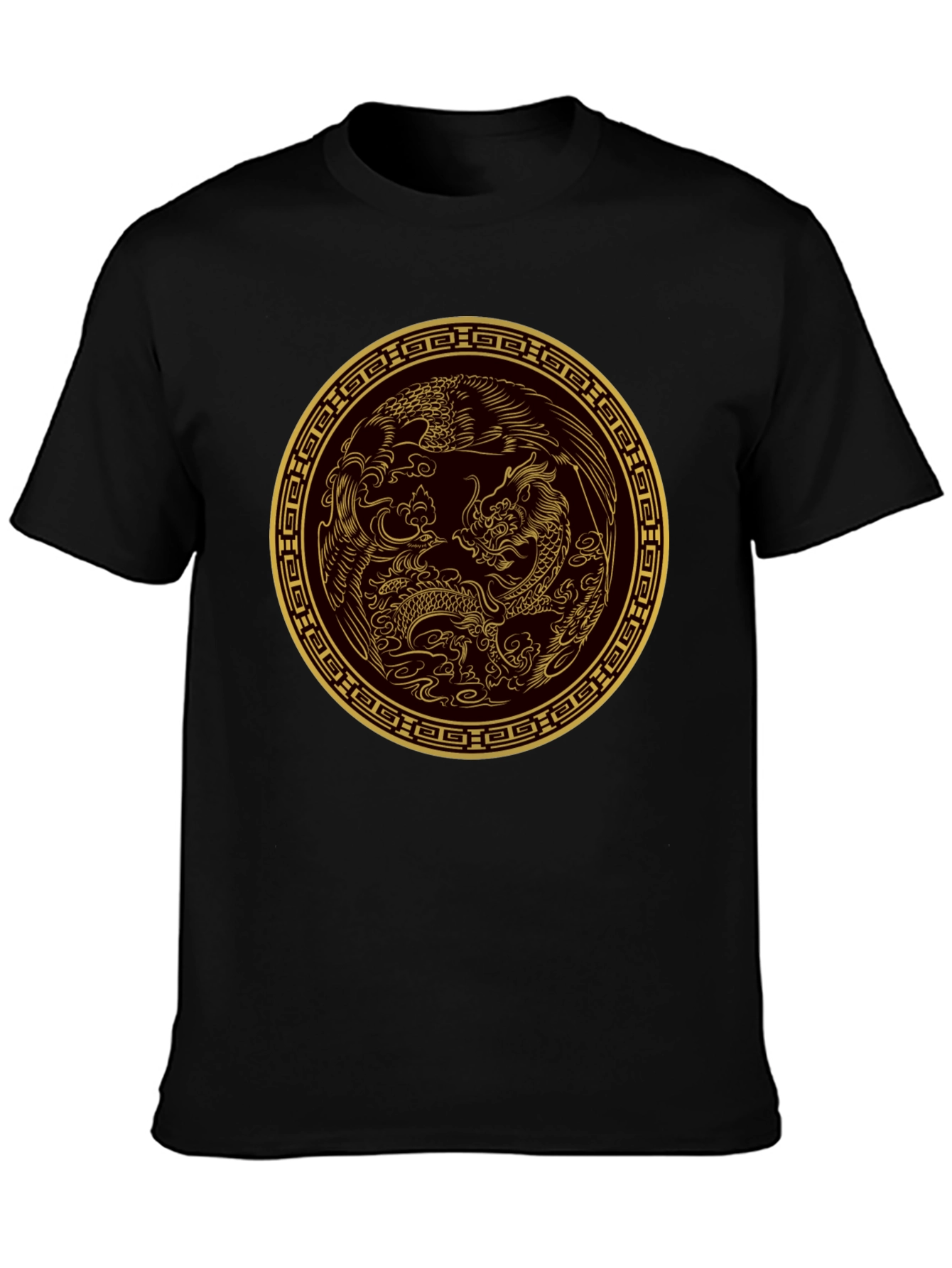 Dragon and Phoenix Gold Print Black T-Shirt
