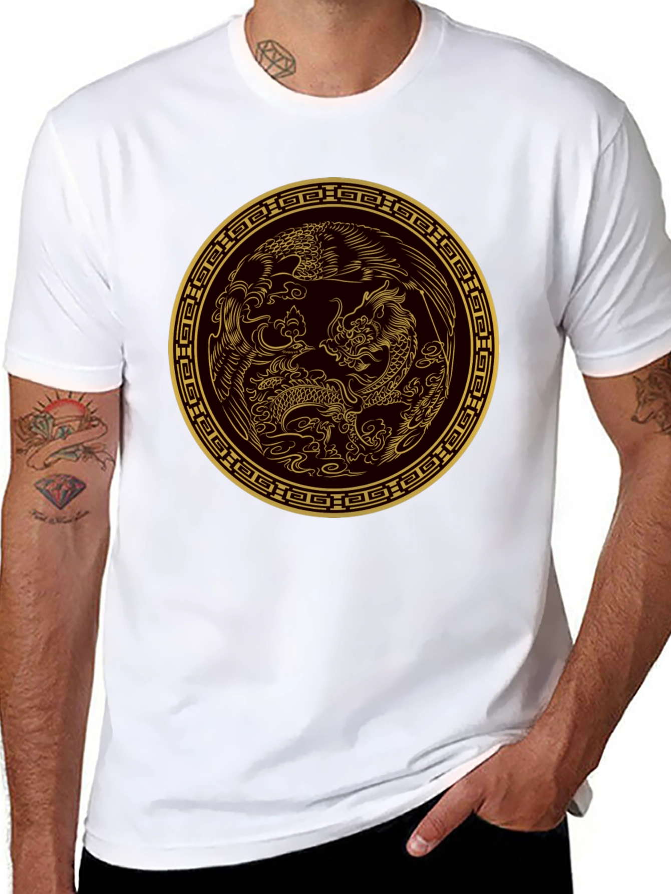 Dragon and Phoenix Gold Print Black T-Shirt