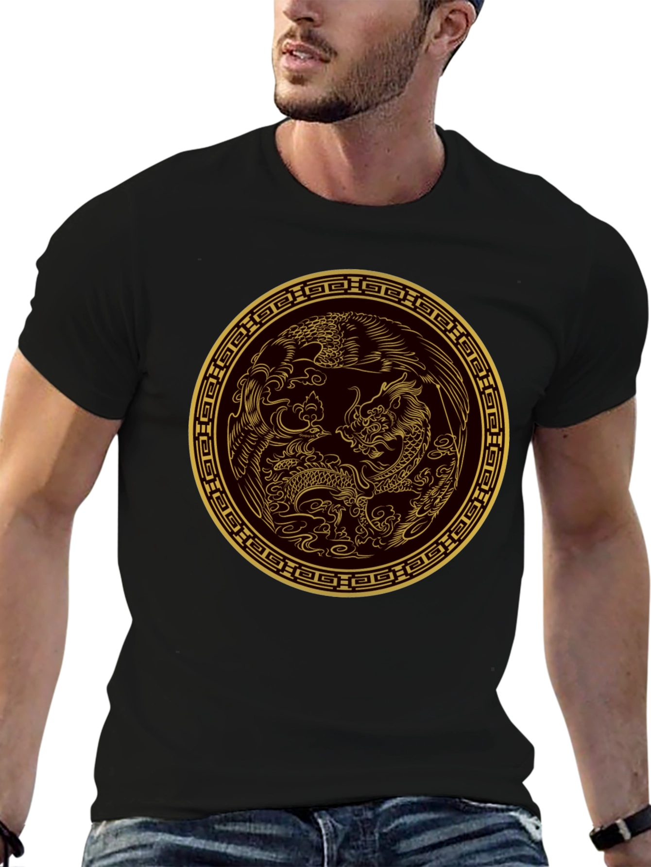 Dragon and Phoenix Gold Print Black T-Shirt
