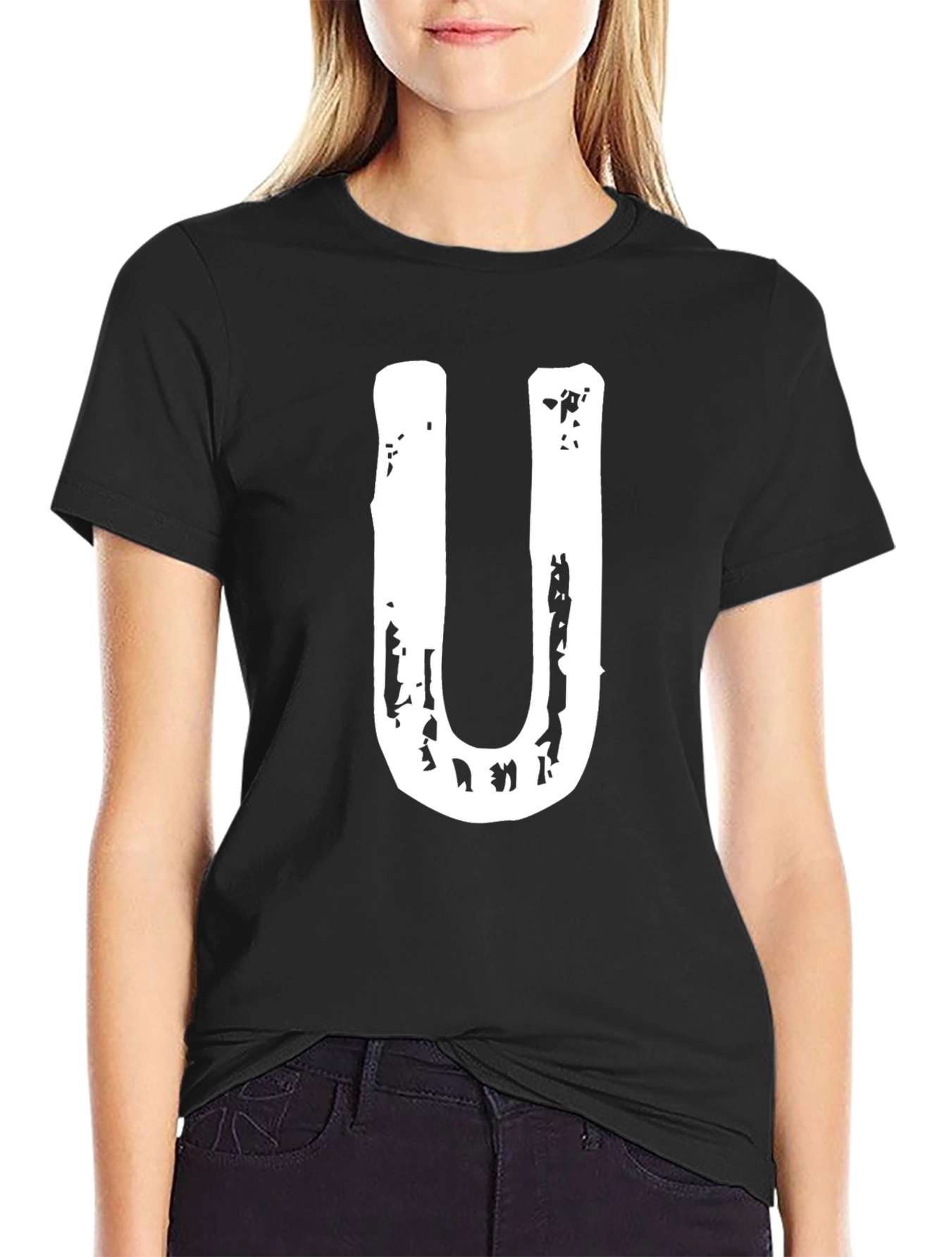 Mens Black T-Shirt with White U Graphic