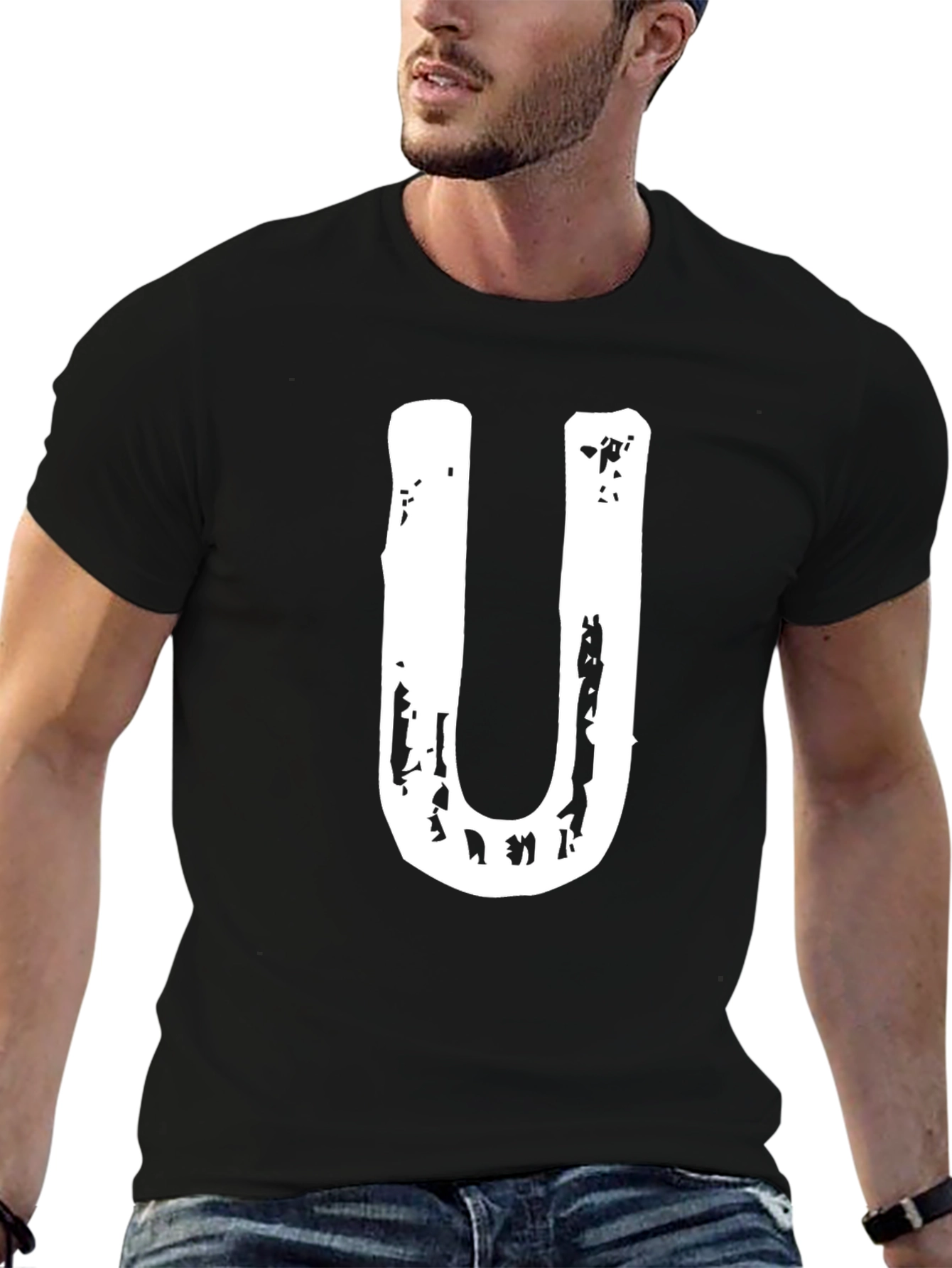 Mens Black T-Shirt with White U Graphic