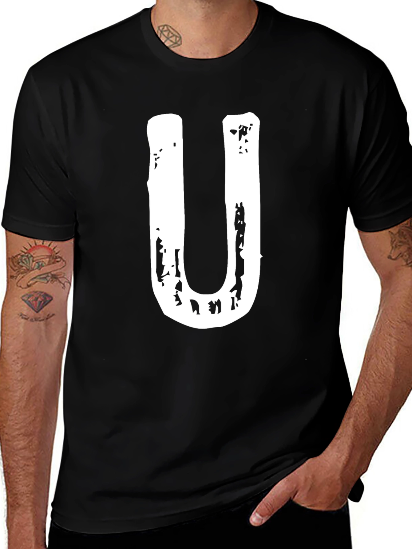 Mens Black T-Shirt with White U Graphic