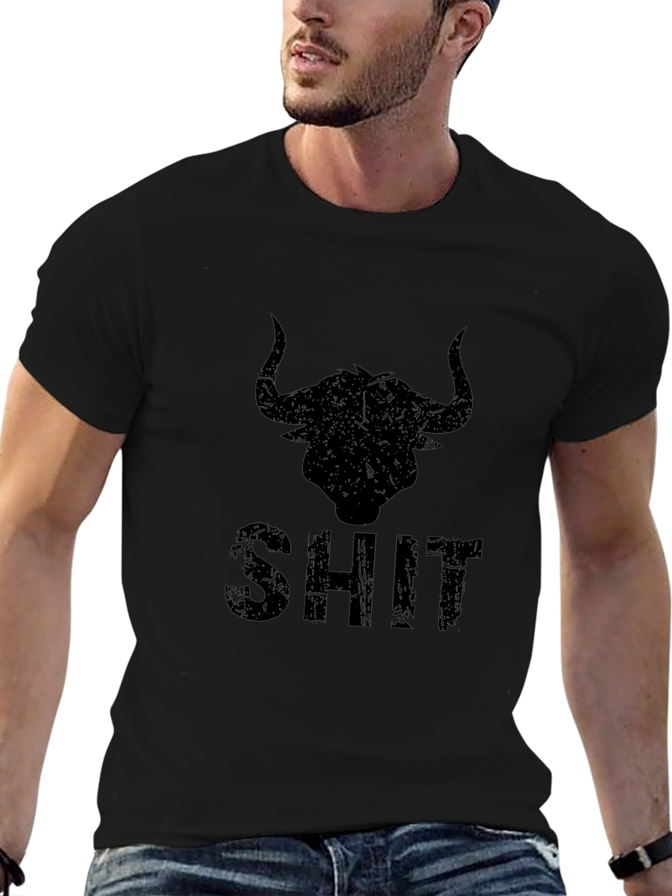 Distressed Bull Graphic Mens Black T-Shirt