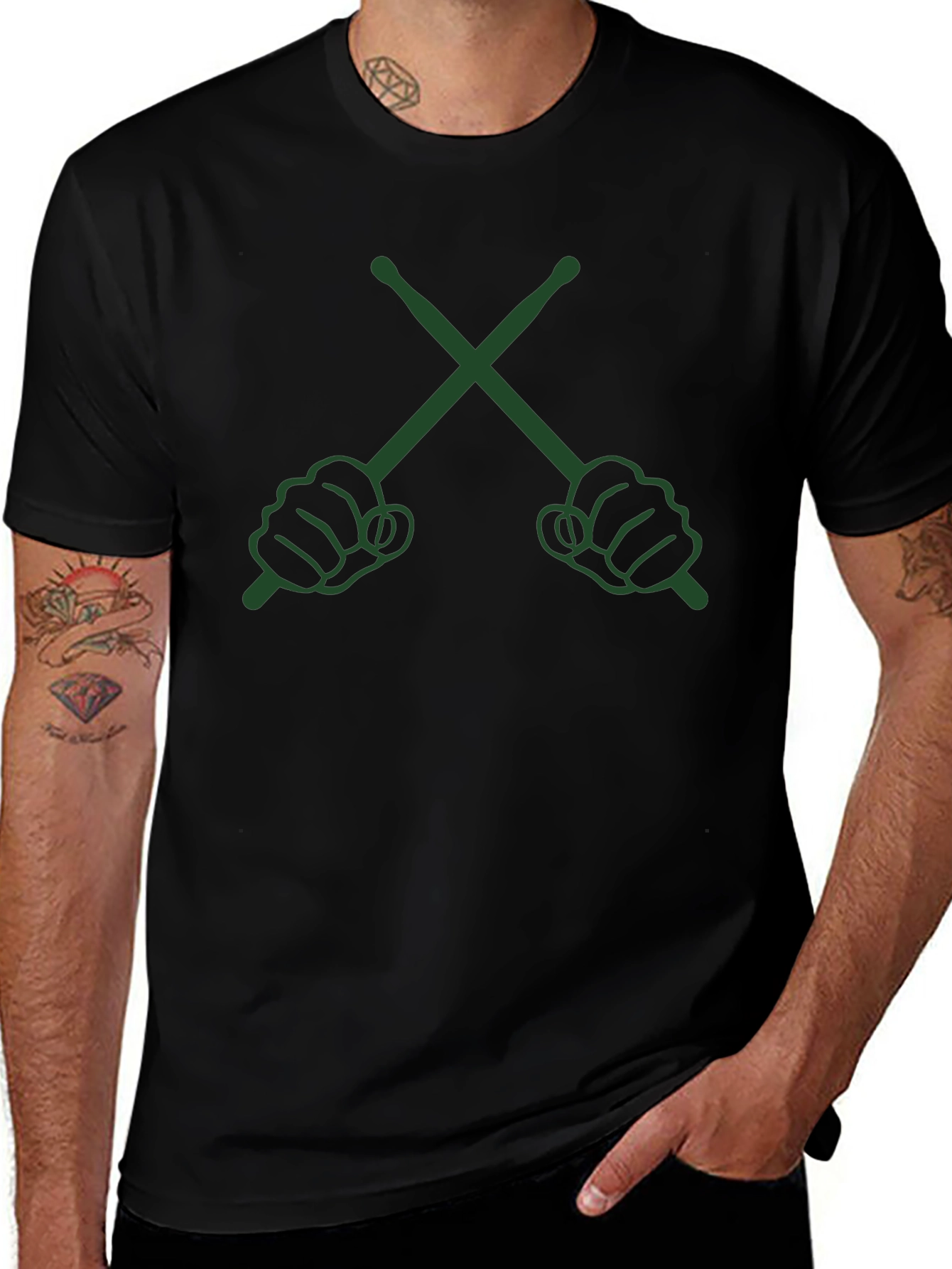 Drummers Crossed Sticks Graphic T-Shirt - Black