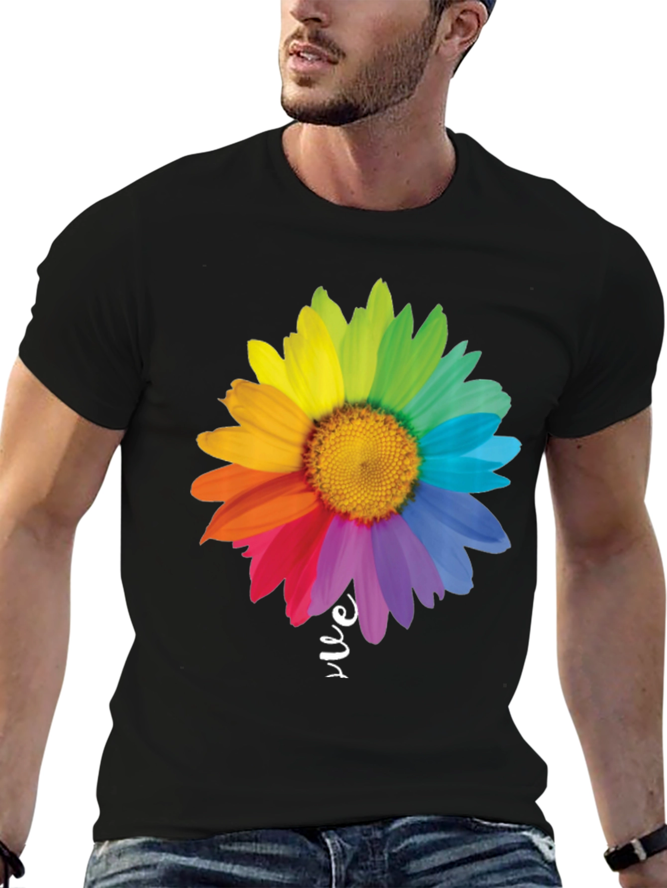 Rainbow Daisy Graphic Tee - Black Cotton Blend