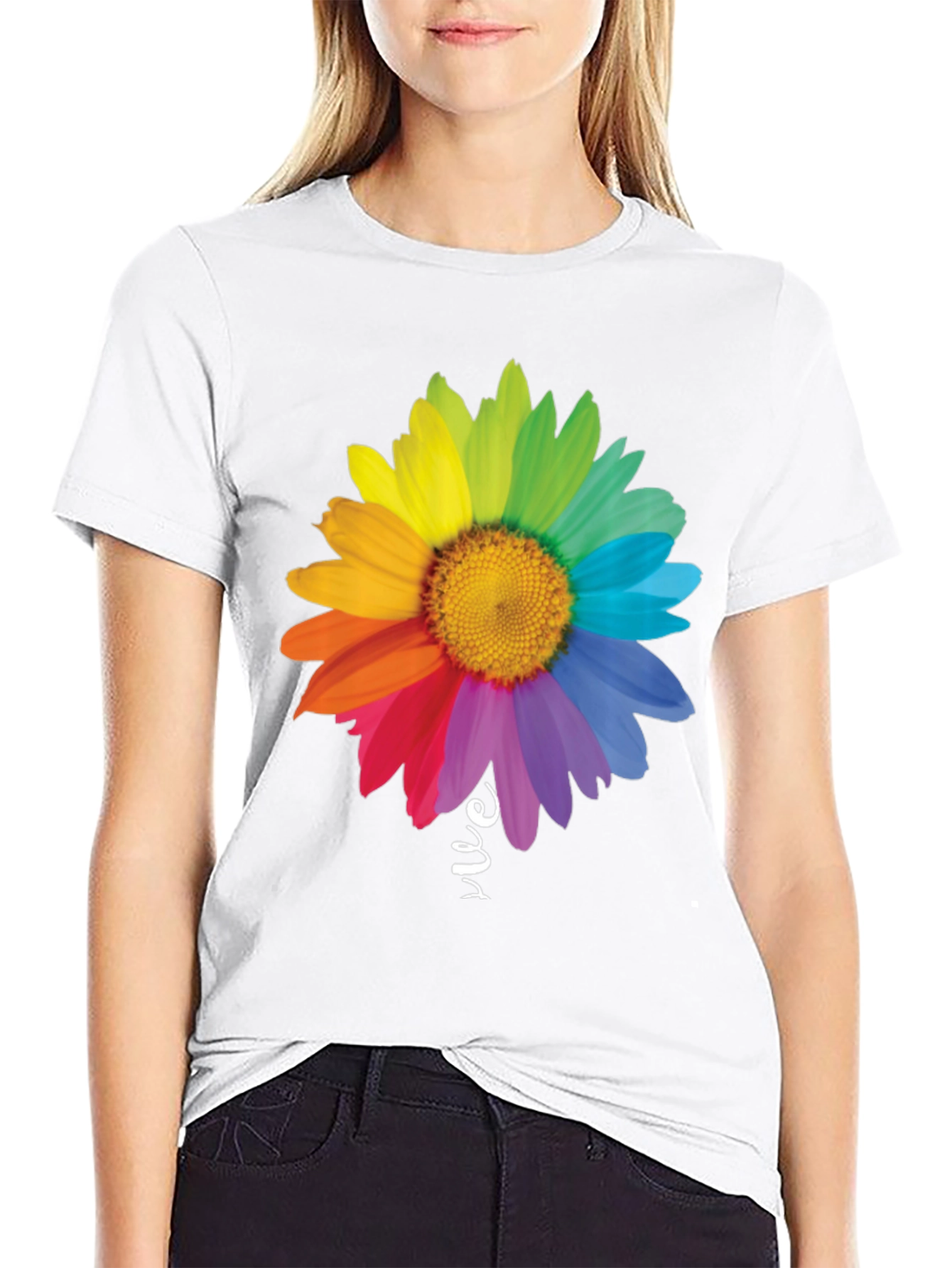 Rainbow Daisy Graphic Tee - Black Cotton Blend